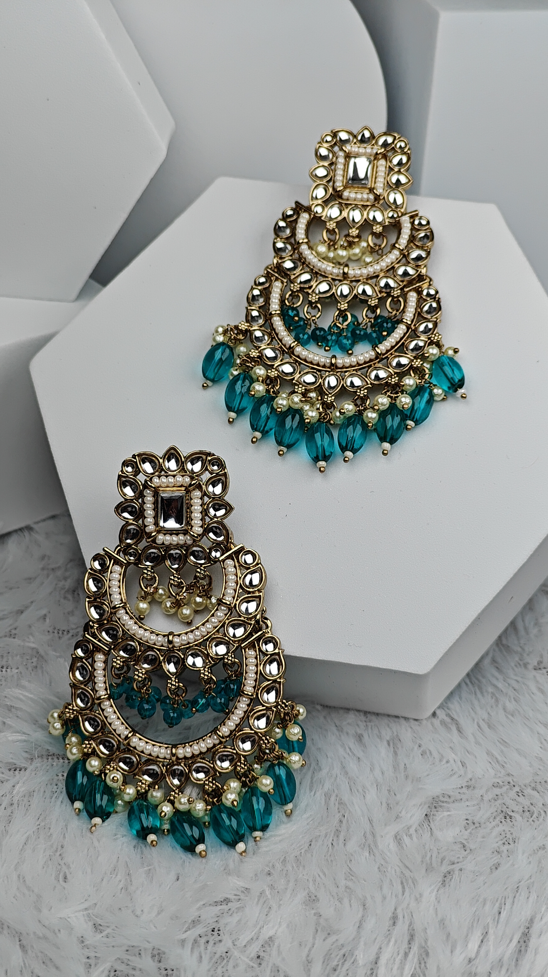Elegant Aqua Green Chandbali Earrings with Pearl Detailing