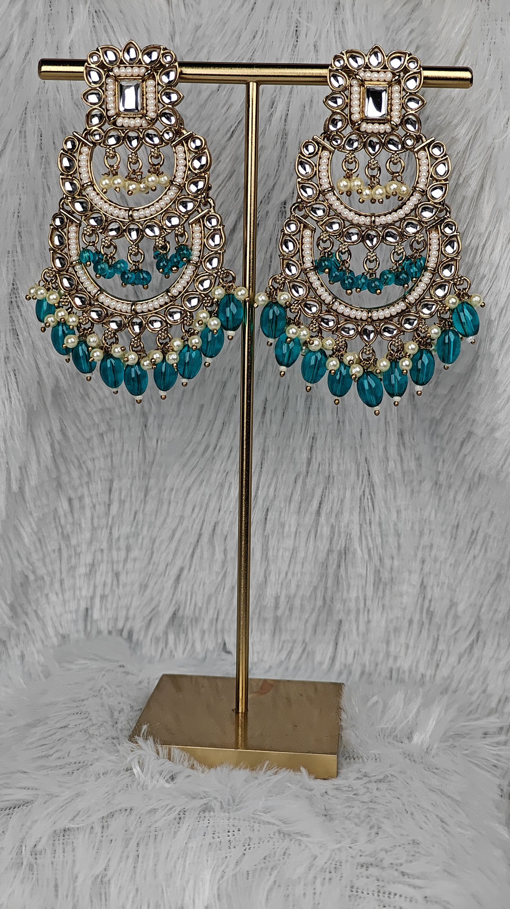 Elegant Aqua Green Chandbali Earrings with Pearl Detailing