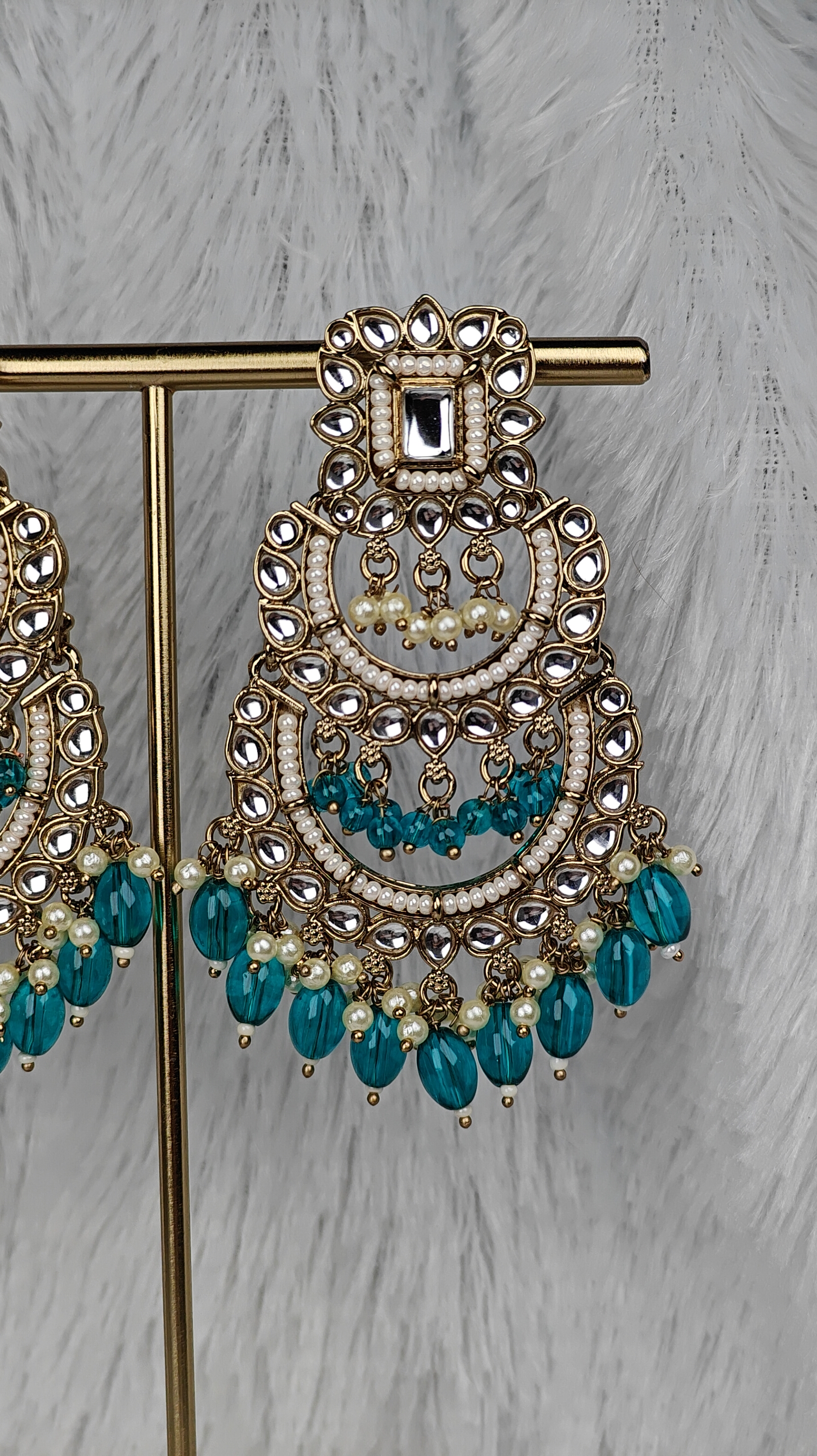 Elegant Aqua Green Chandbali Earrings with Pearl Detailing