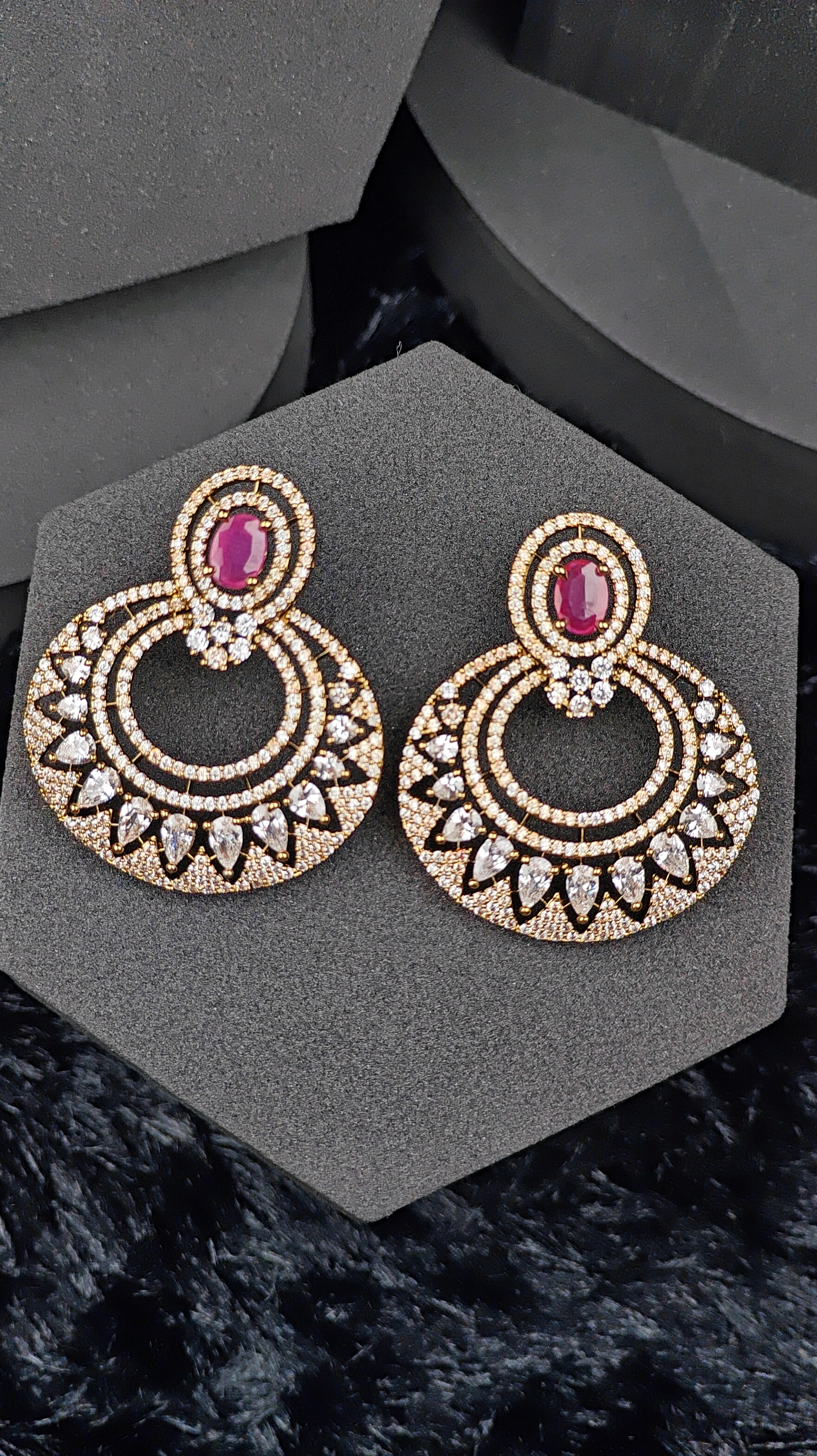 Ruby Pink Oval Studded CZ Circle Earrings