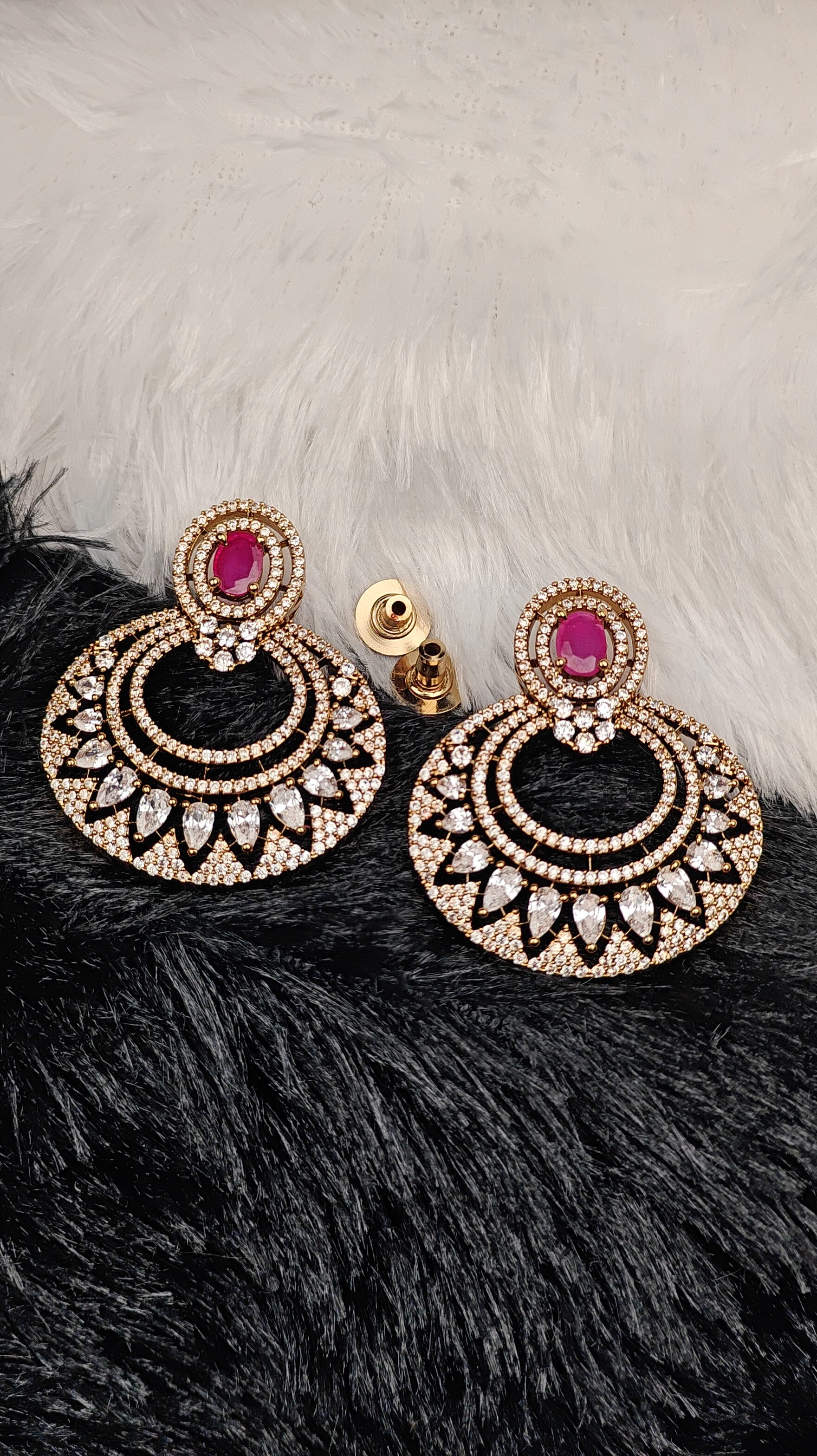 Ruby Pink Oval Studded CZ Circle Earrings