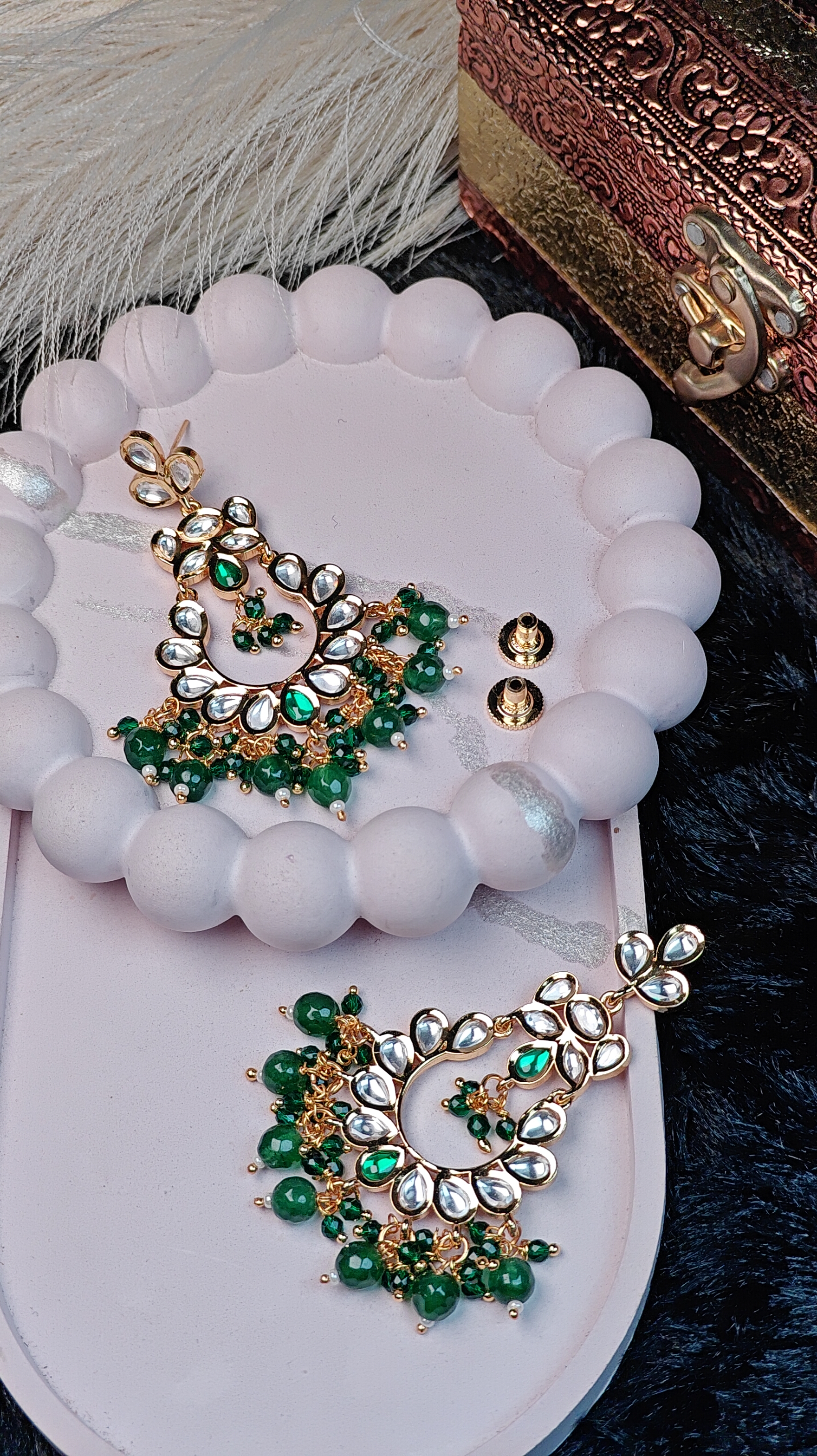 Kundan & Green Beaded Chandbali Earrings