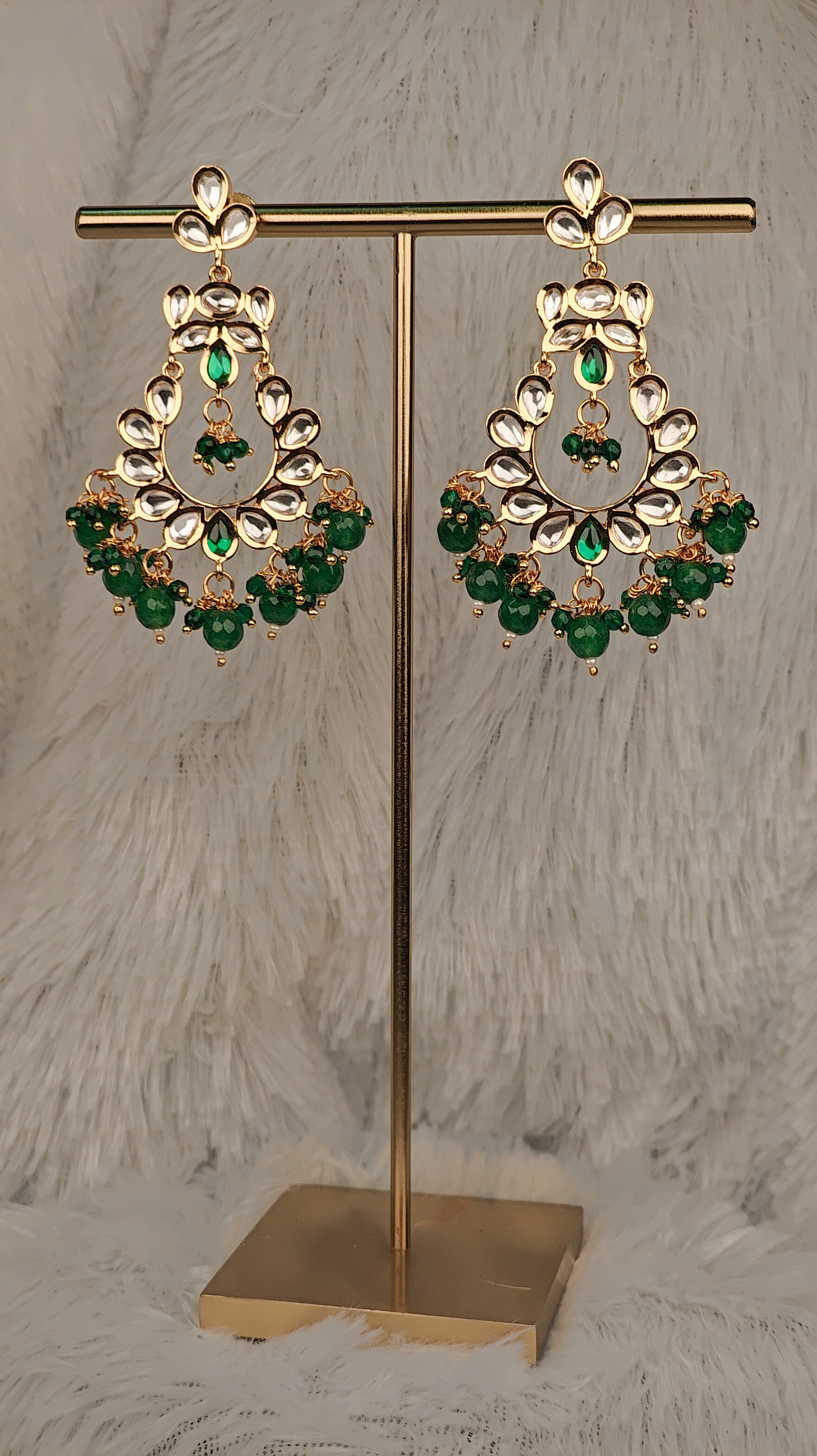 Kundan & Green Beaded Chandbali Earrings