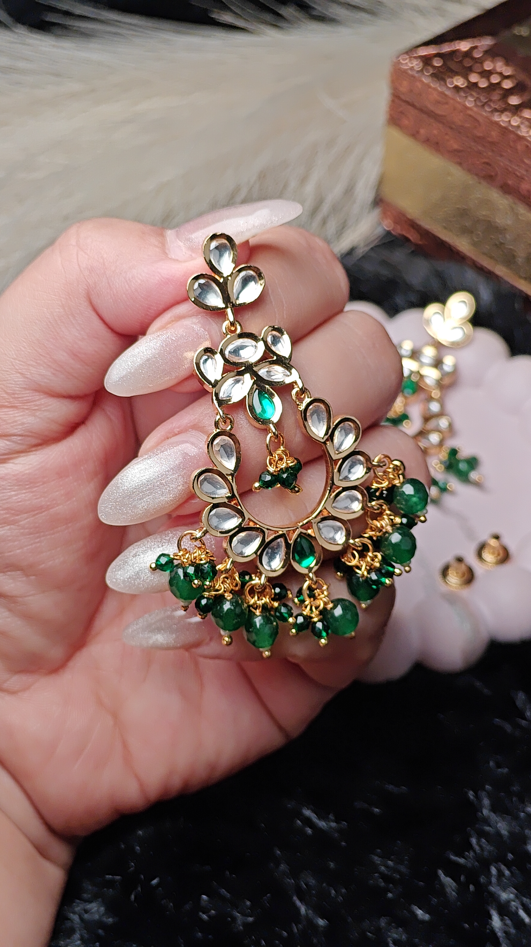 Kundan & Green Beaded Chandbali Earrings