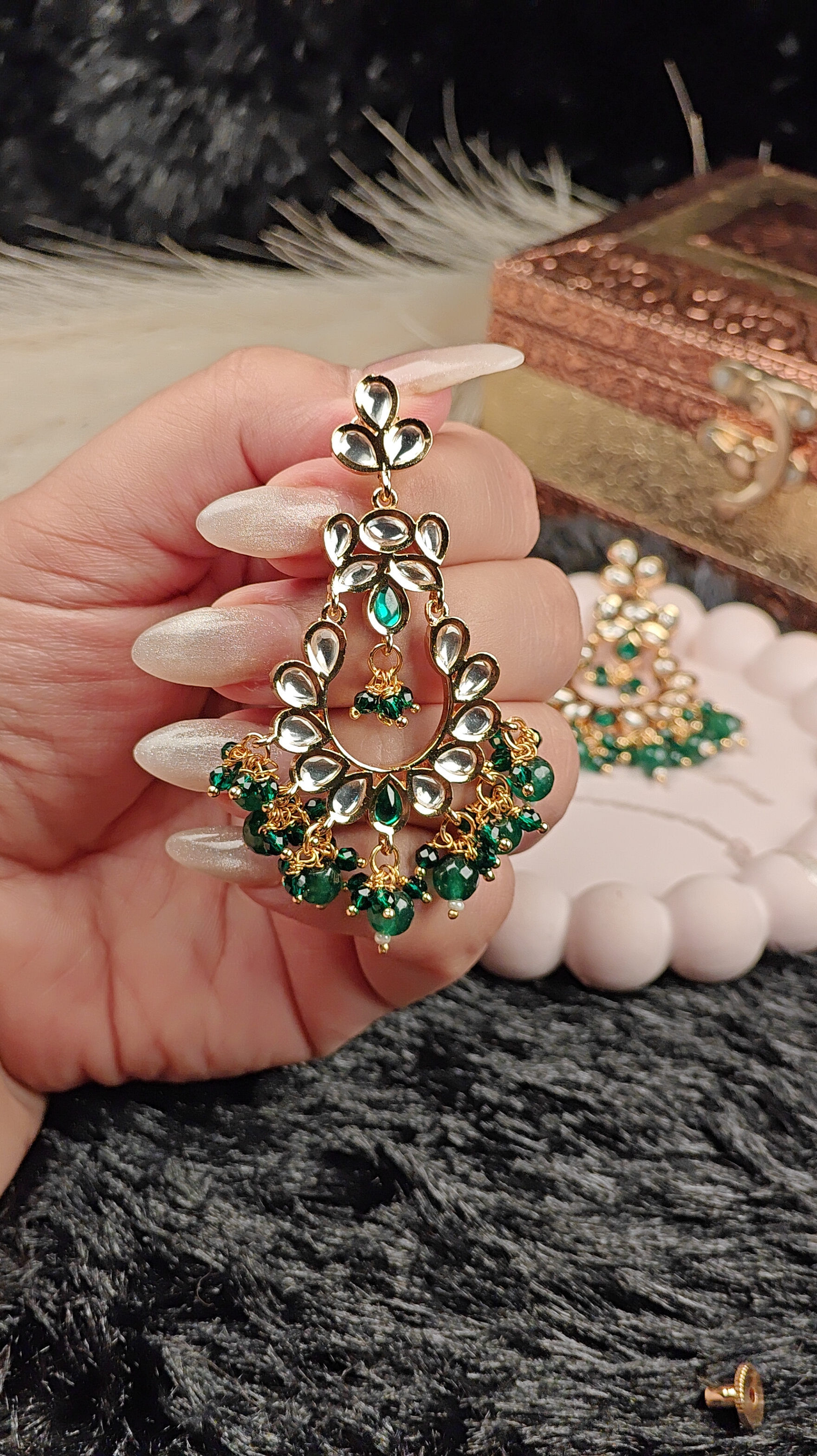 Kundan & Green Beaded Chandbali Earrings