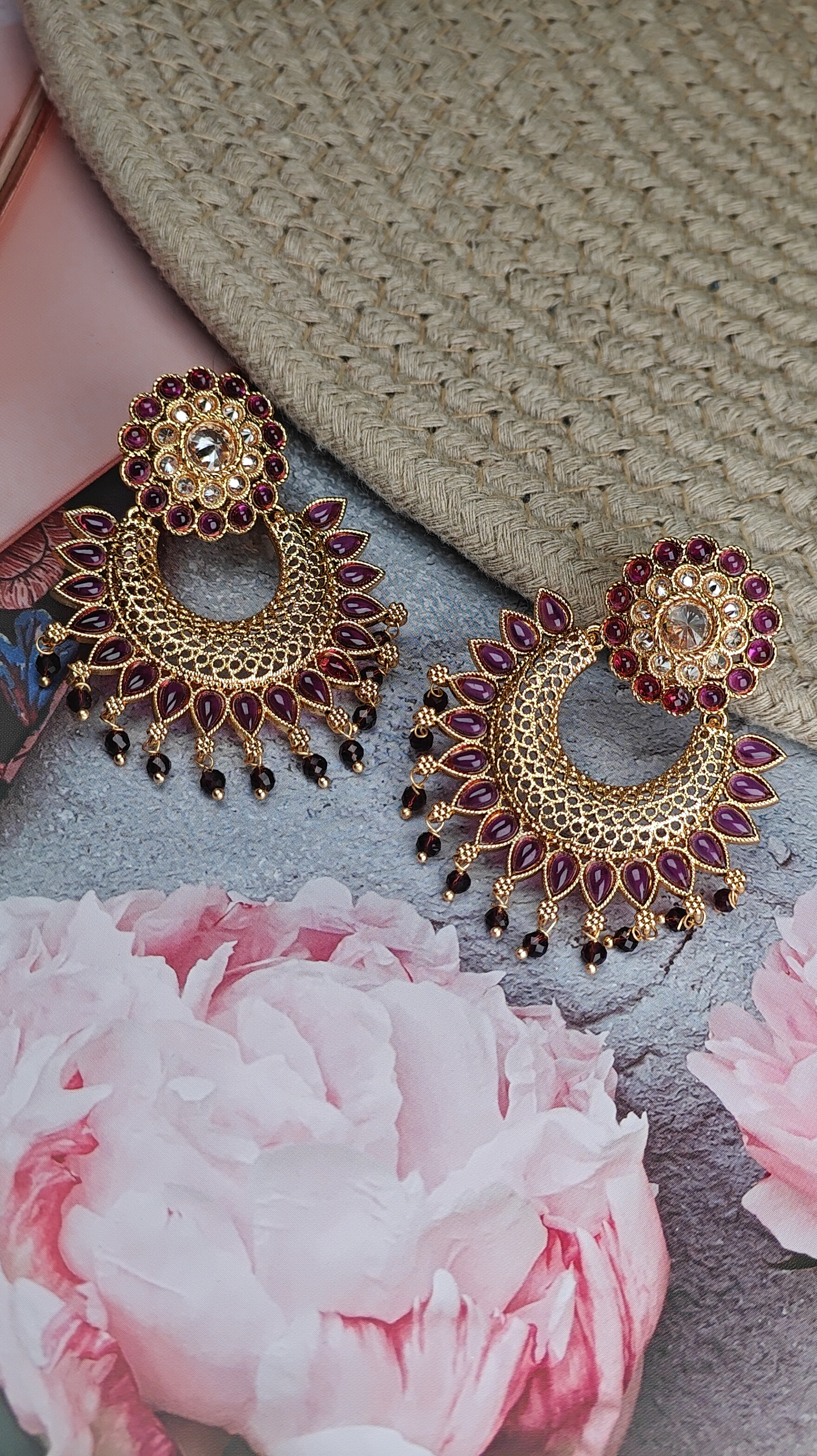 Heritage Crescent Earrings with Ruby Pink Stones