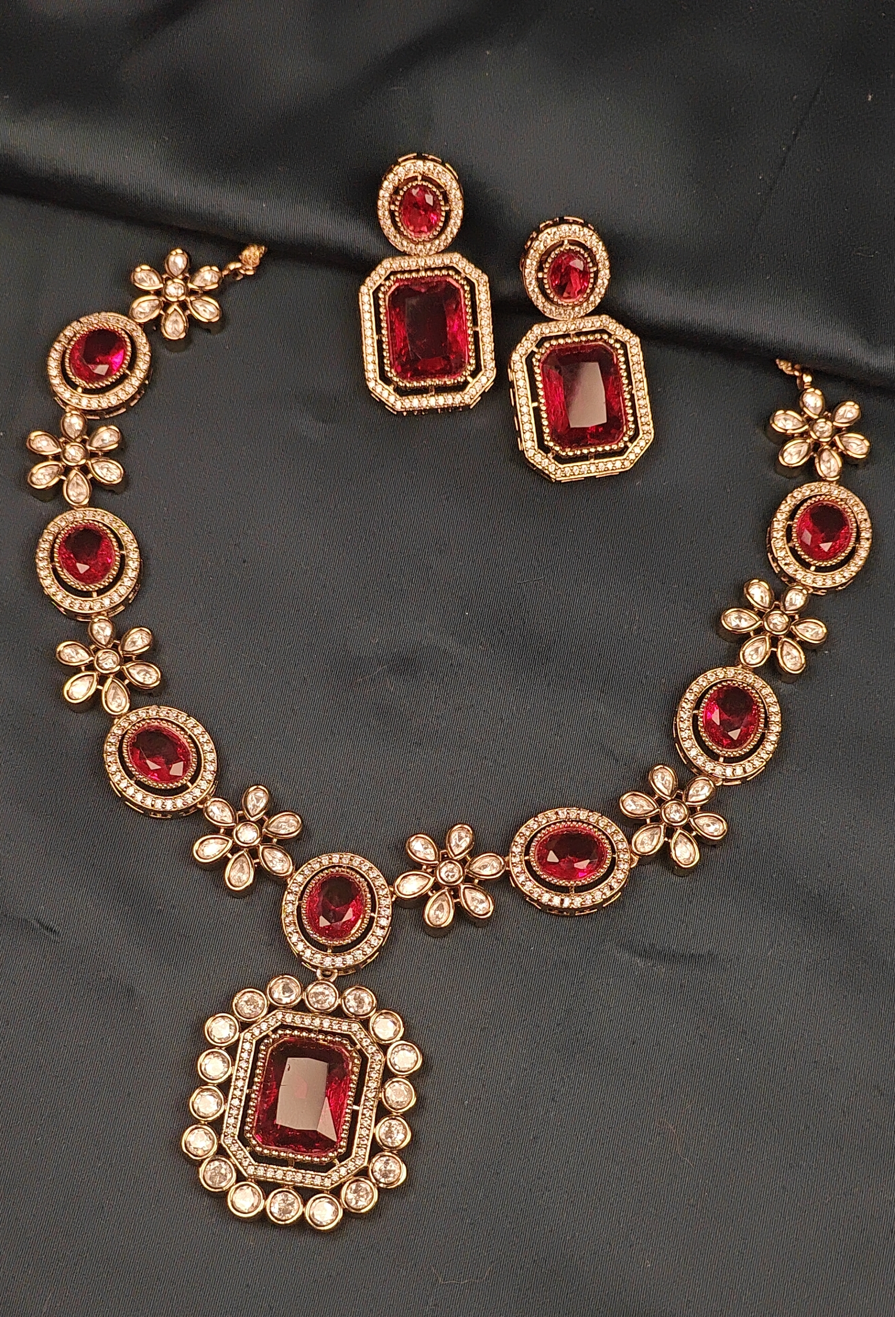 Royal Red Ruby Bridal Necklace Set with Earrings