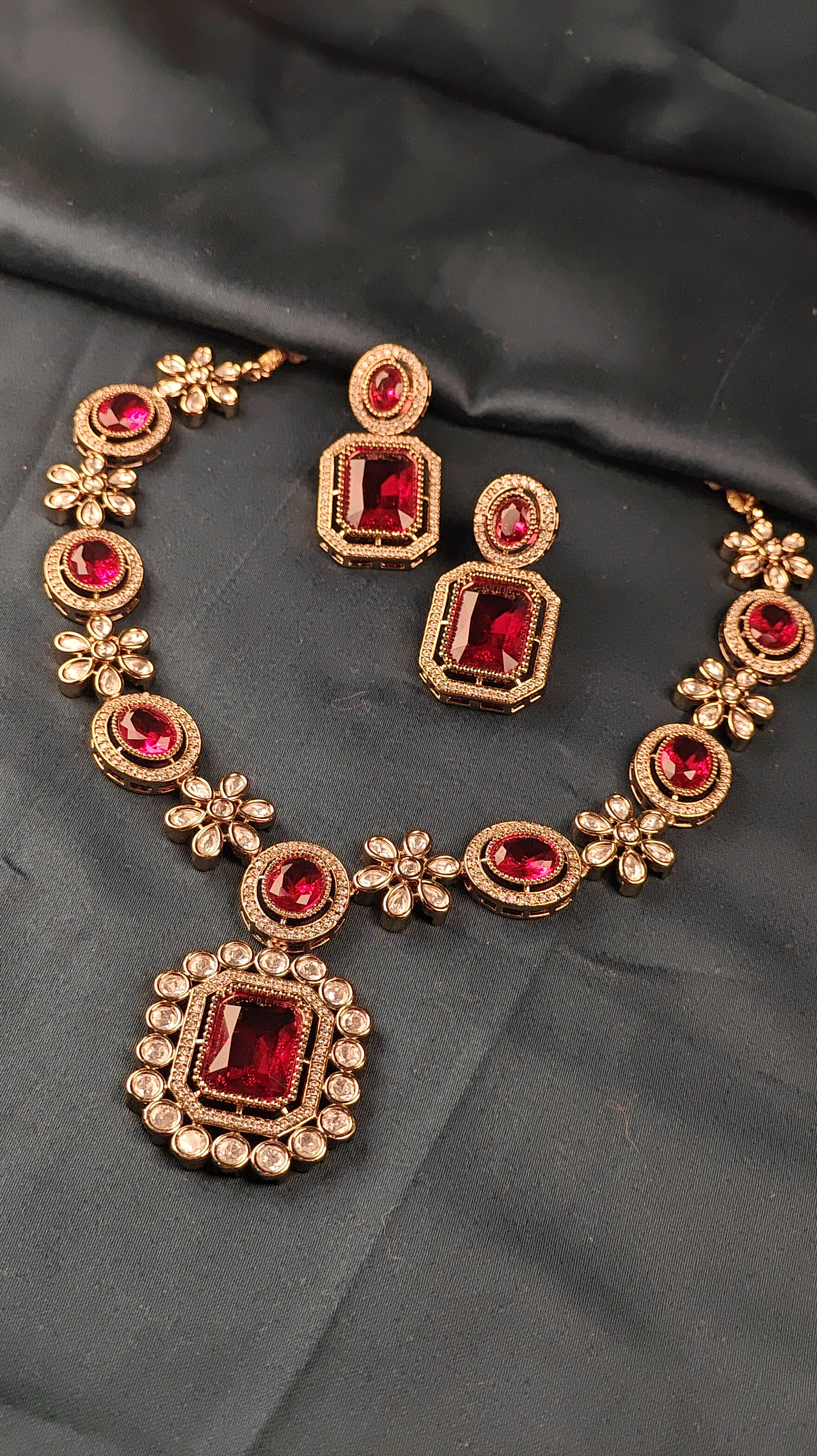 Royal Red Ruby Bridal Necklace Set with Earrings