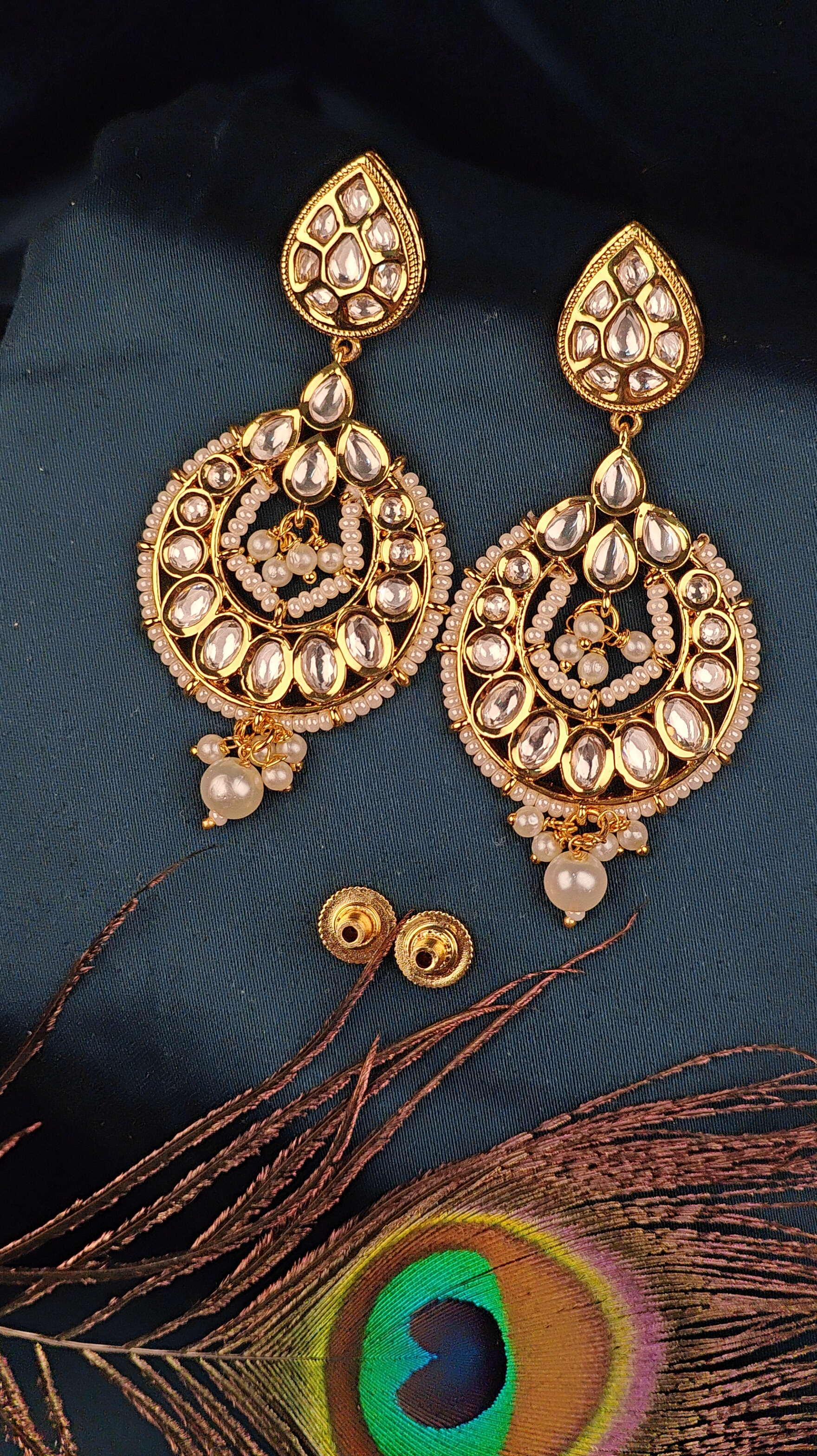 Gold Kundan Chandbali Earrings with Pearl Drops