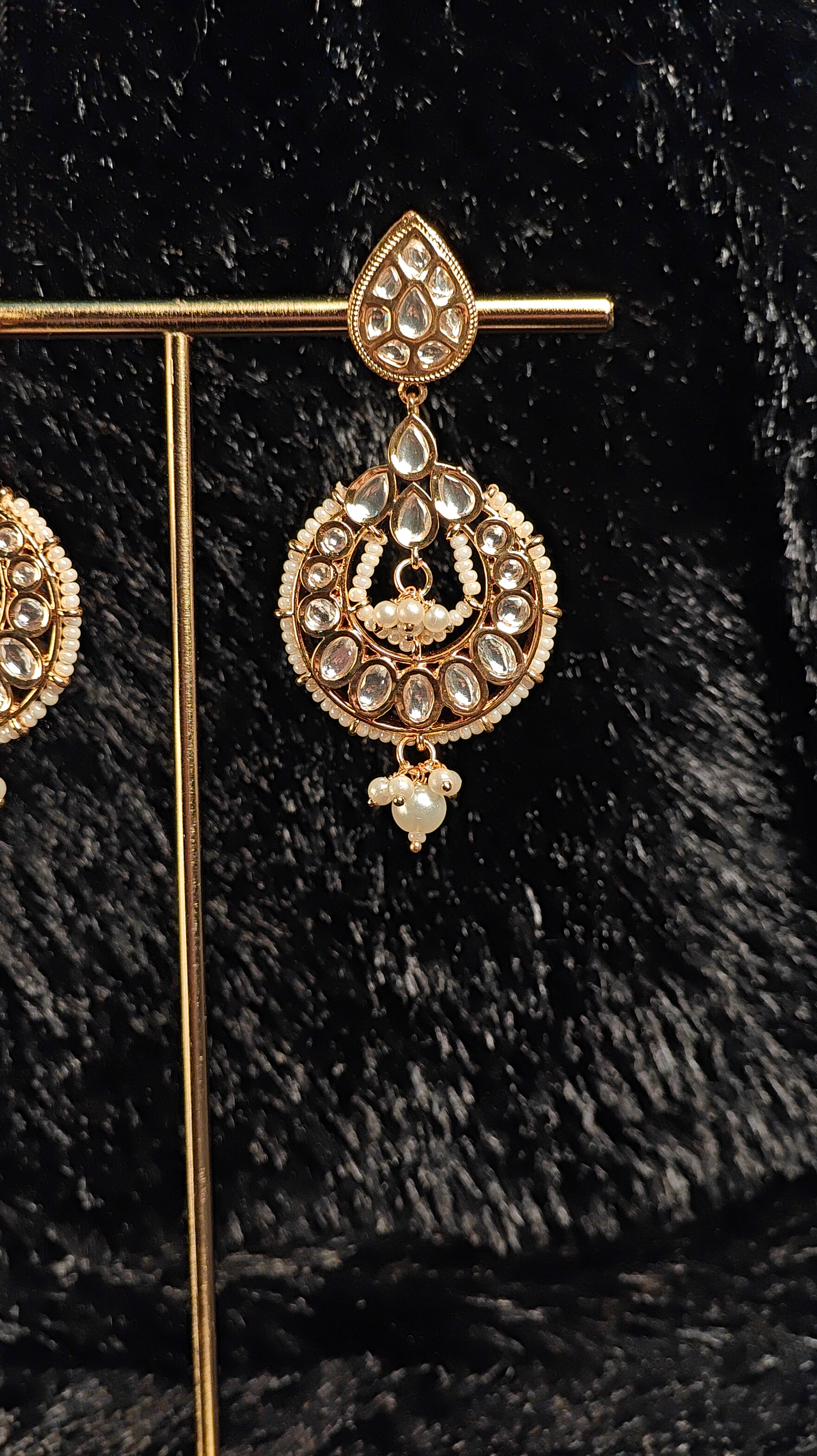 Gold Kundan Chandbali Earrings with Pearl Drops