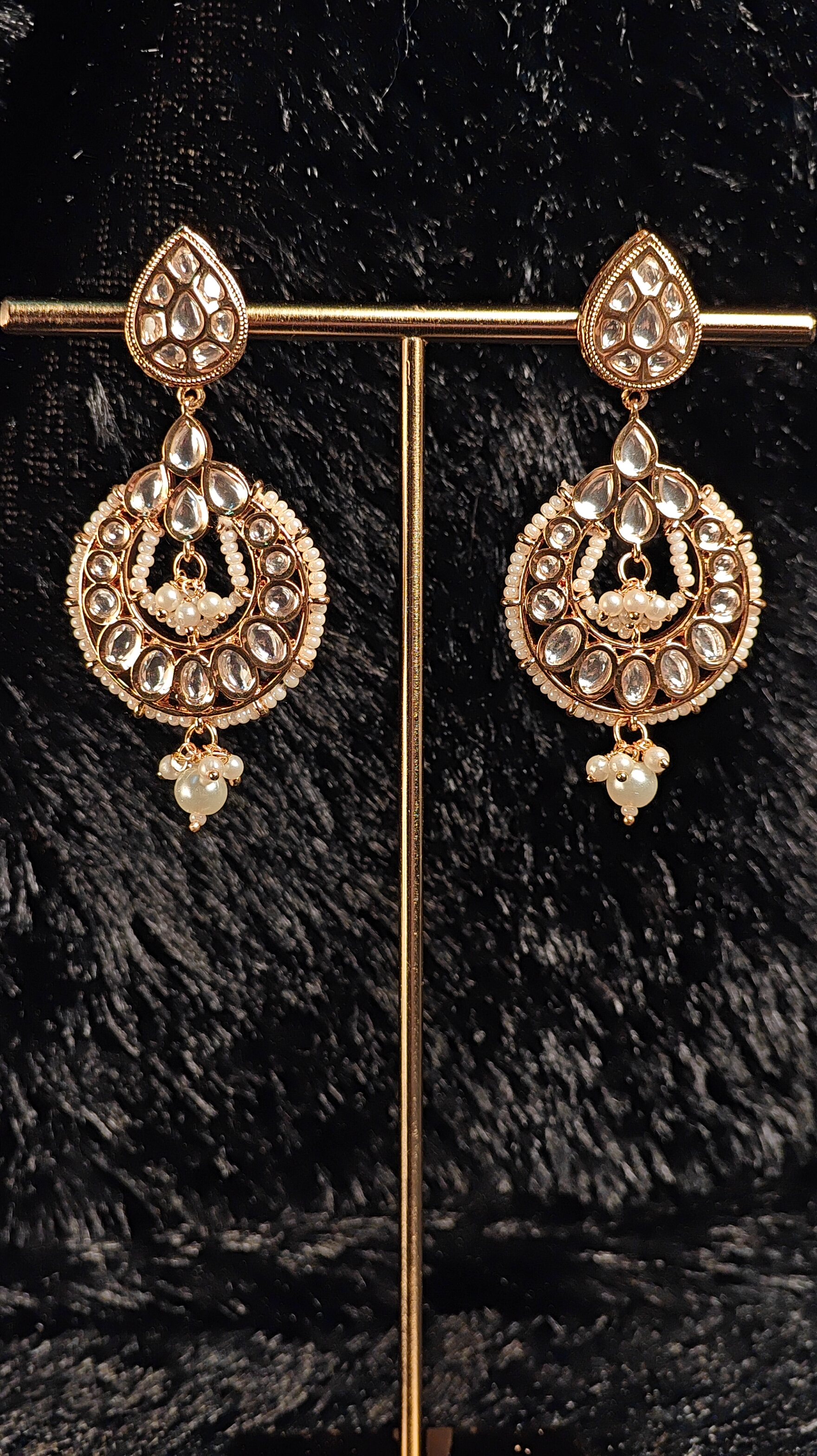 Gold Kundan Chandbali Earrings with Pearl Drops