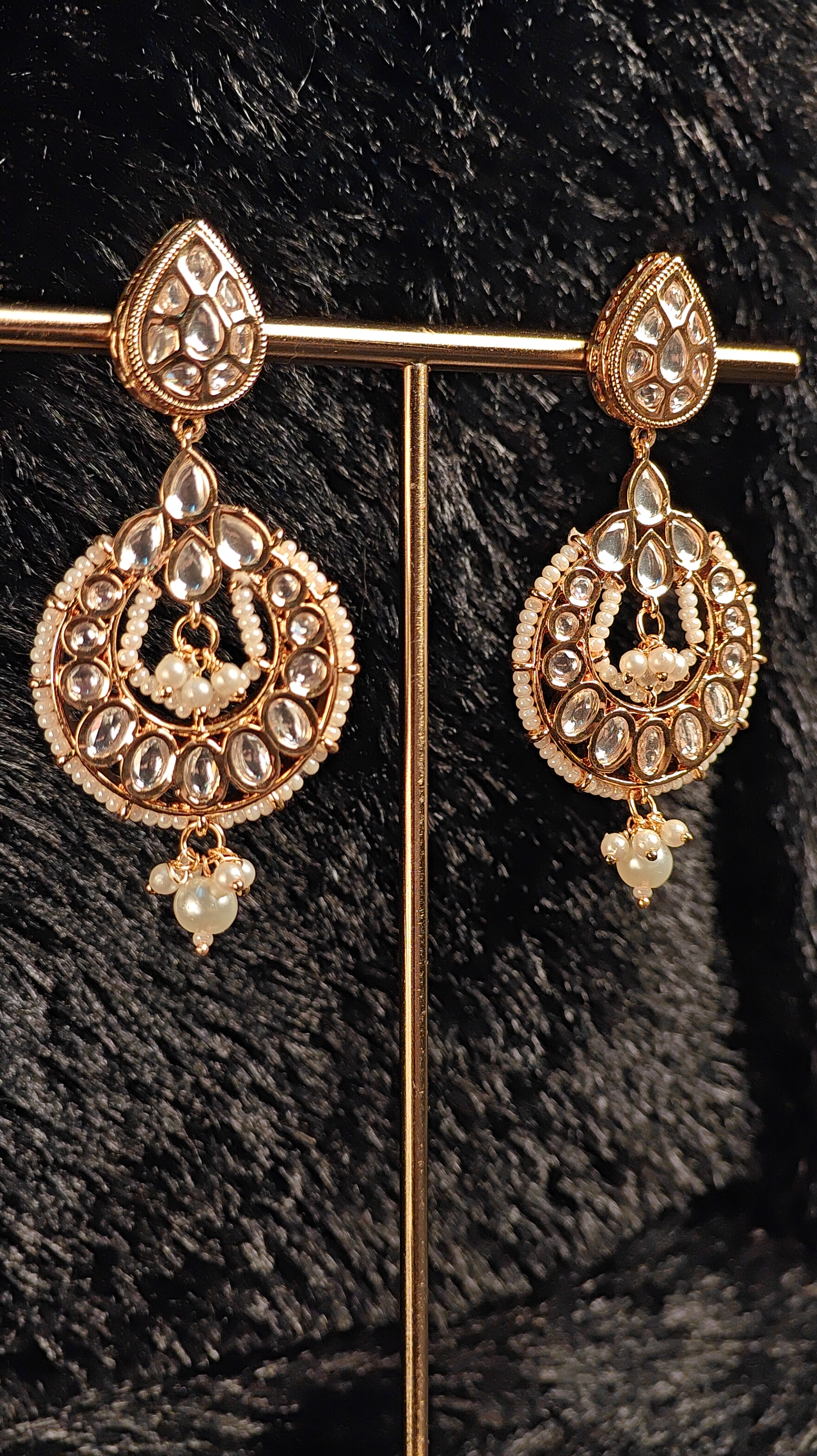 Gold Kundan Chandbali Earrings with Pearl Drops