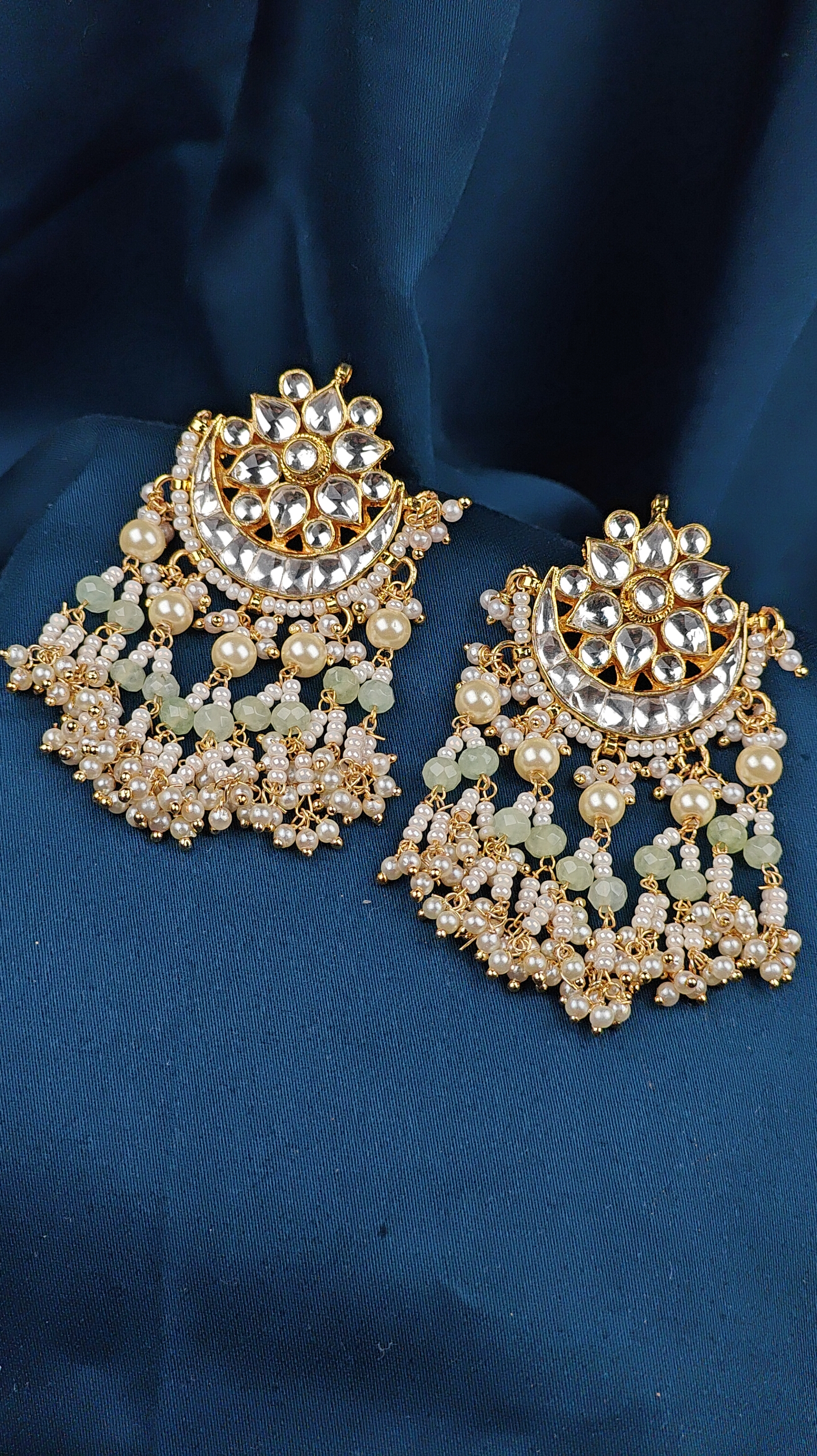 Floral Crescent Kundan Jhumka Earrings with Mint Green Beads & Pearl Tassels 