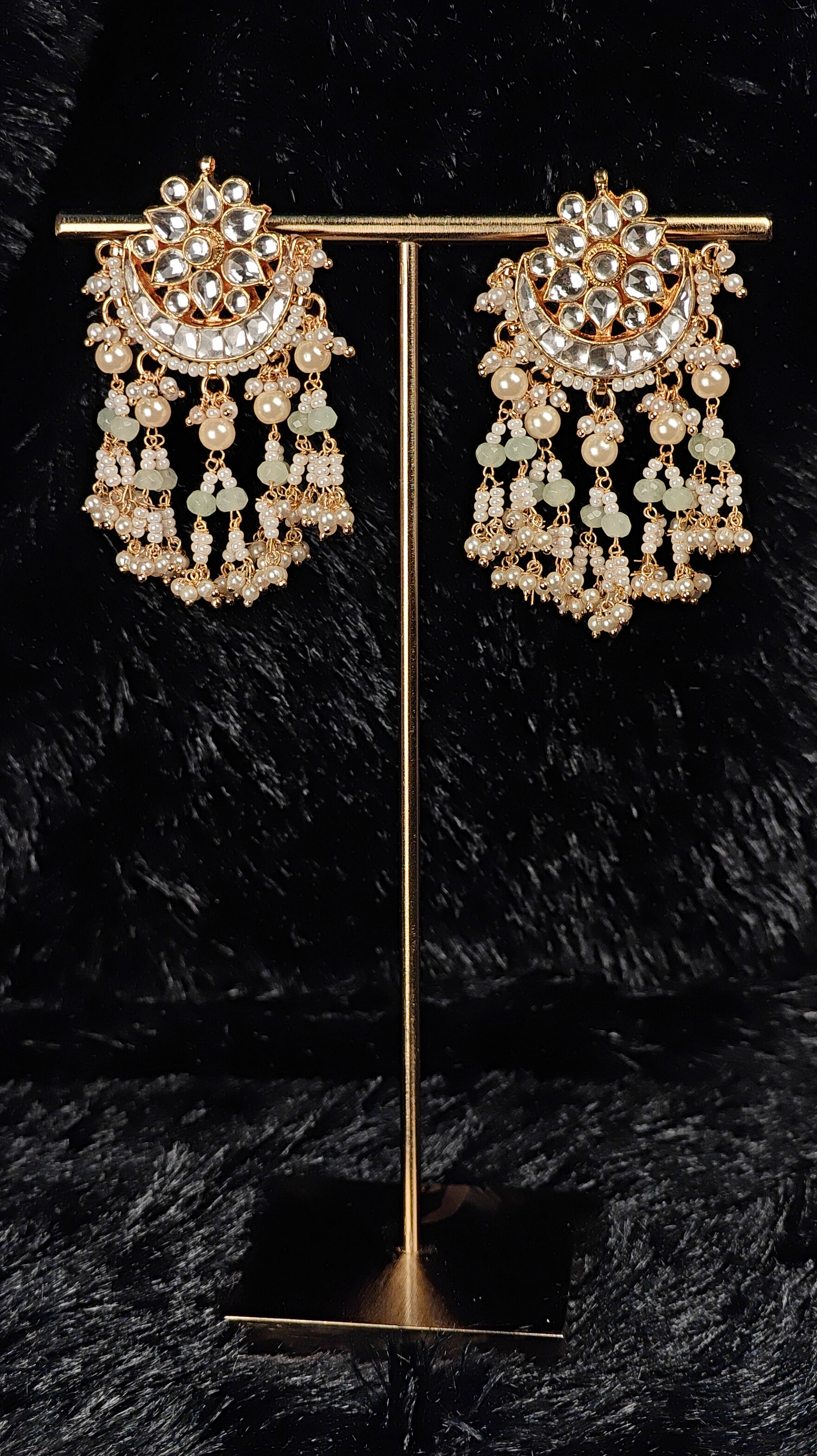 Floral Crescent Kundan Jhumka Earrings with Mint Green Beads & Pearl Tassels 