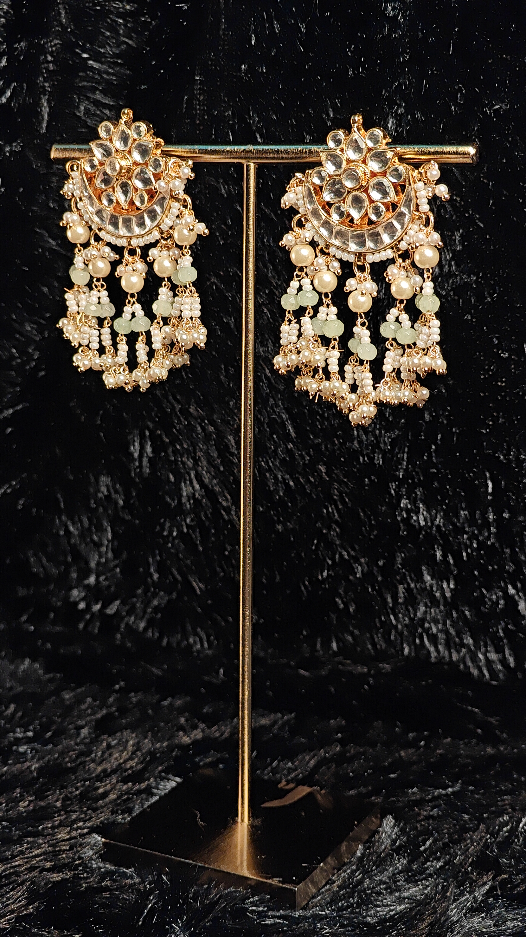 Floral Crescent Kundan Jhumka Earrings with Mint Green Beads & Pearl Tassels 