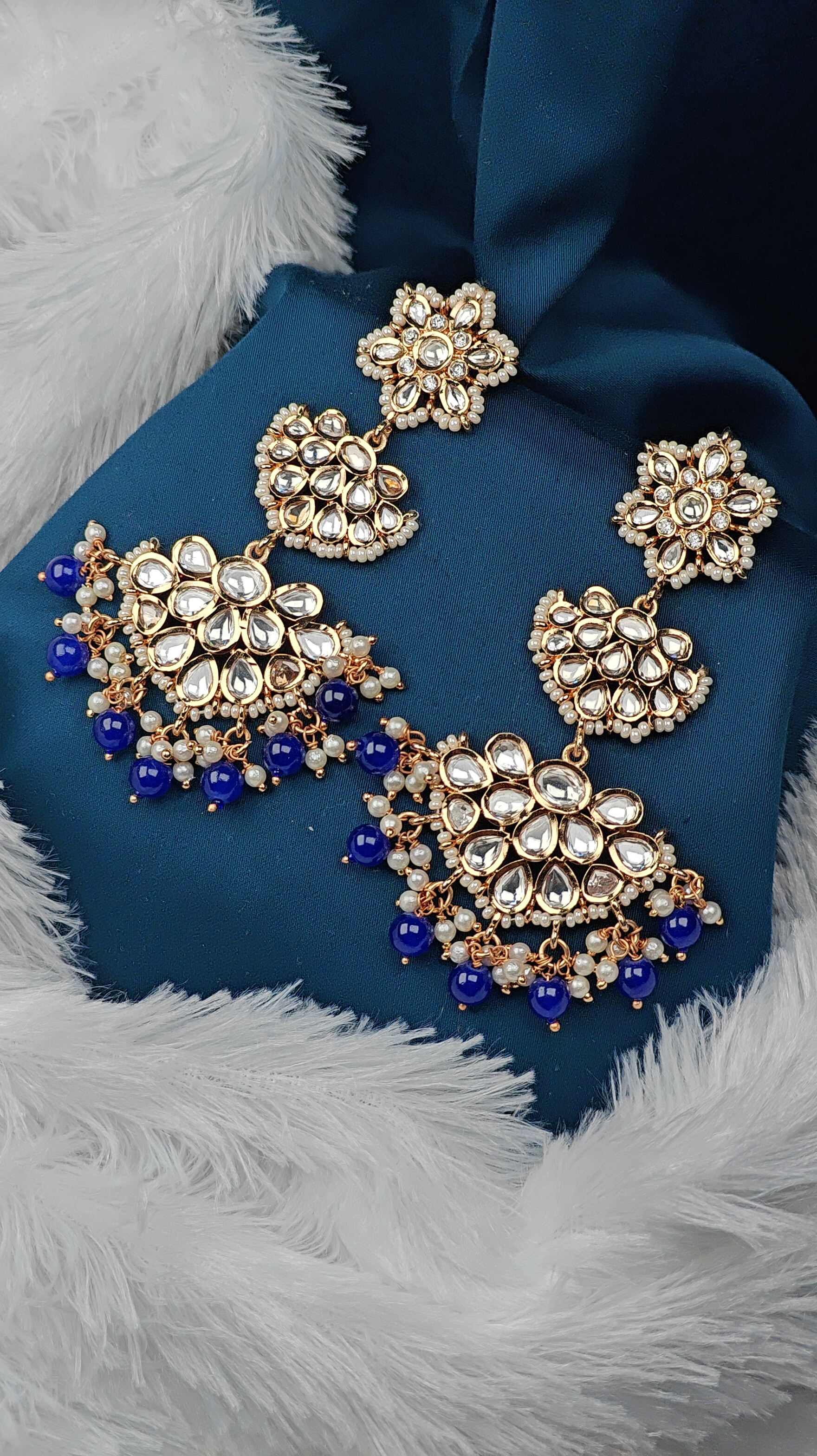 Royal Blue Kundan Chandbali Earrings with Triple Floral Motifs & Pearl Bead Tassels
