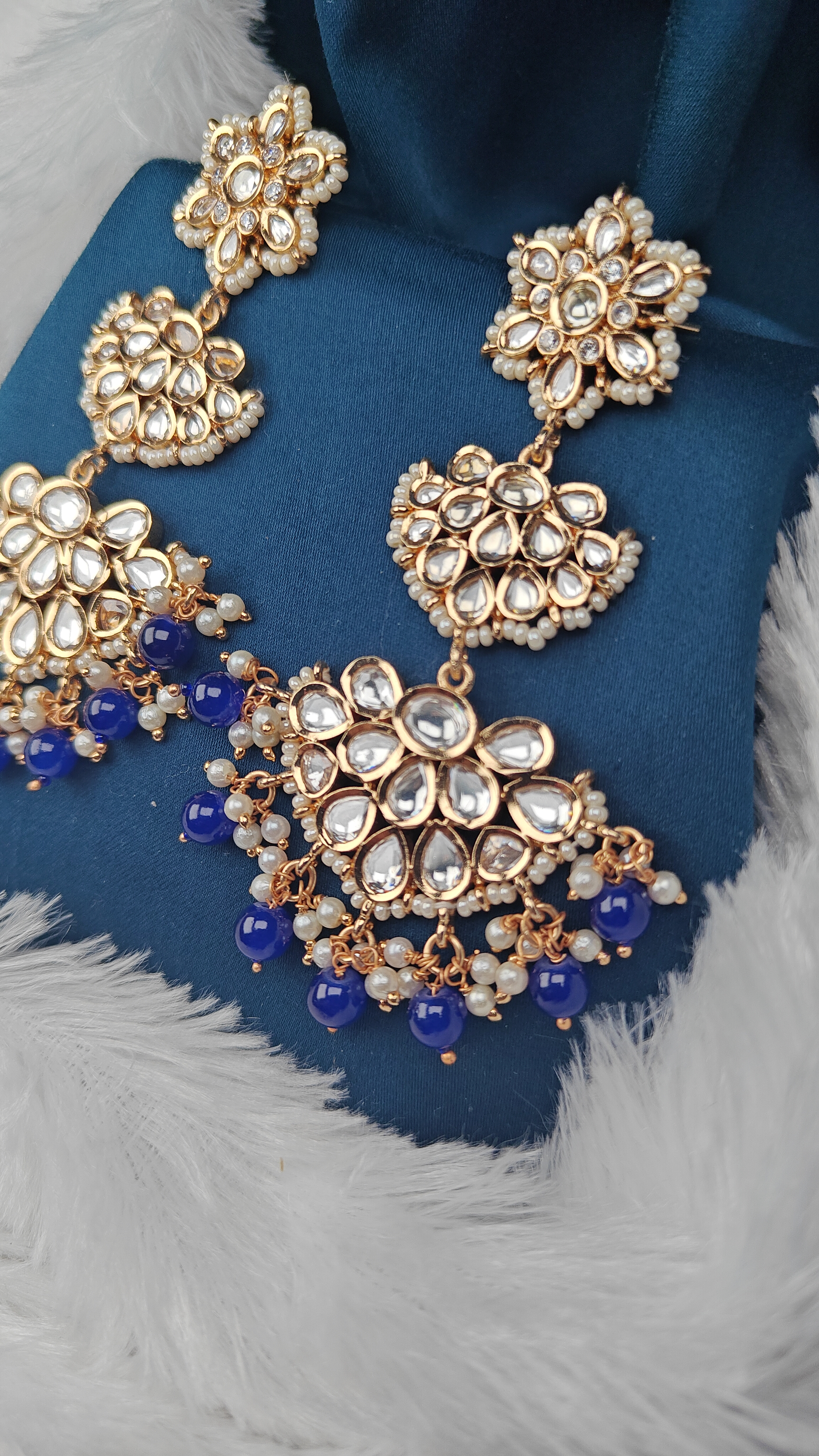 Royal Blue Kundan Chandbali Earrings with Triple Floral Motifs & Pearl Bead Tassels