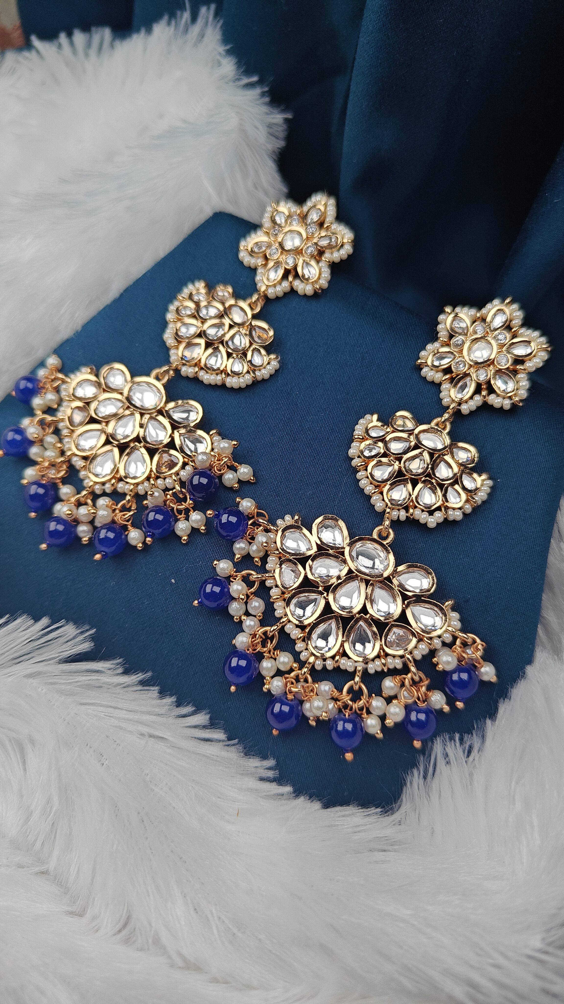 Royal Blue Kundan Chandbali Earrings with Triple Floral Motifs & Pearl Bead Tassels