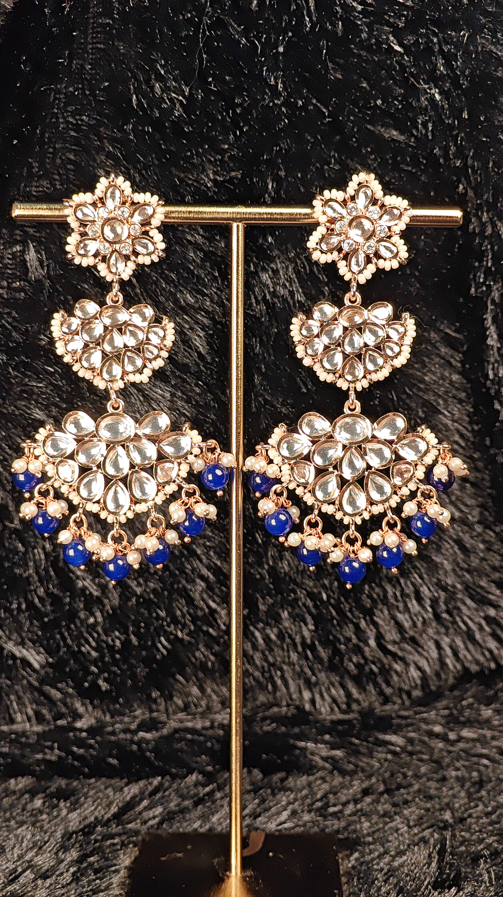 Royal Blue Kundan Chandbali Earrings with Triple Floral Motifs & Pearl Bead Tassels