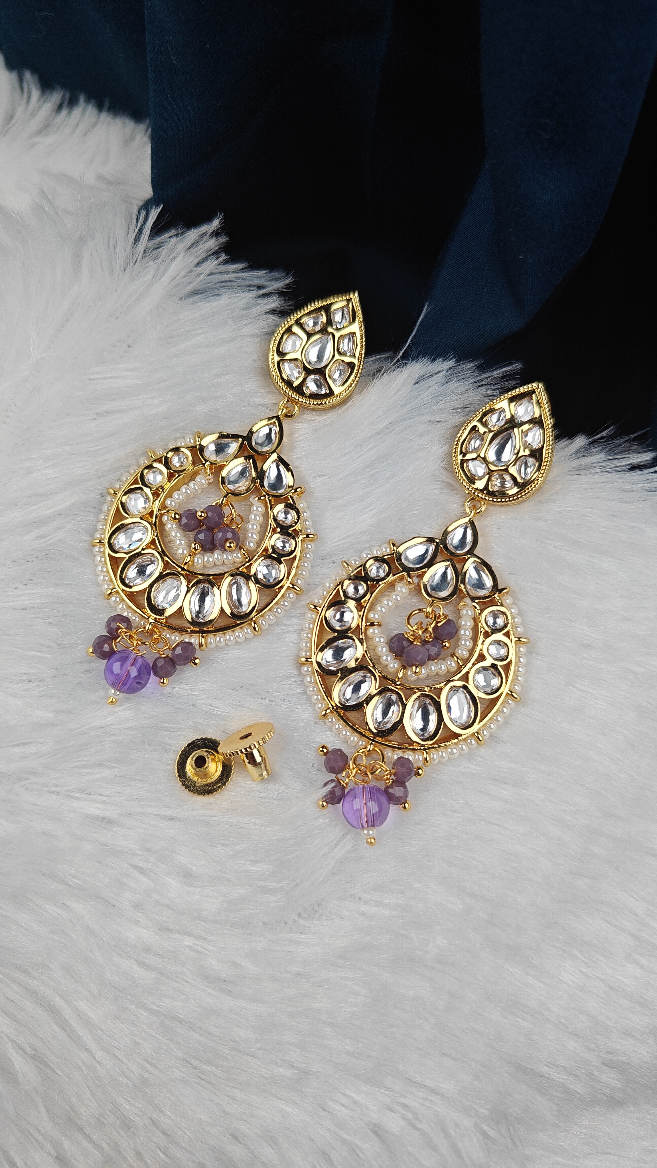 Lavender Drop Kundan Hoop Earrings with Pearl Halo