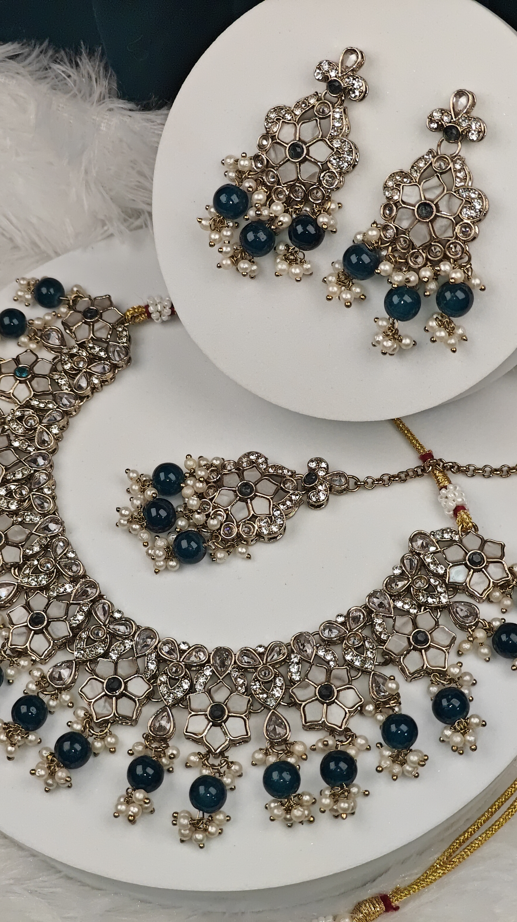 Royal Blue Kundan Necklace Set with Earrings and Maang Tikka