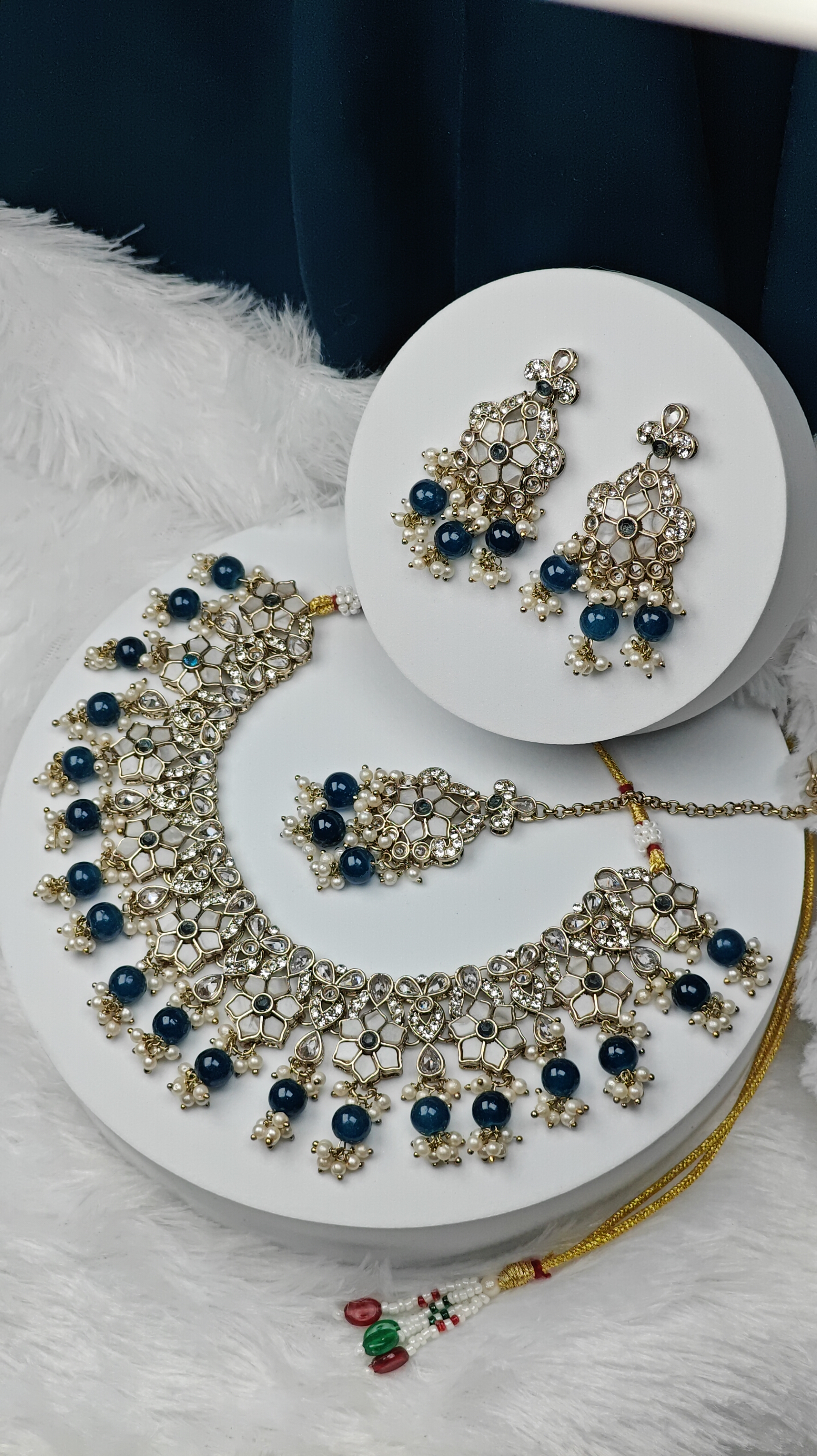Royal Blue Kundan Necklace Set with Earrings and Maang Tikka