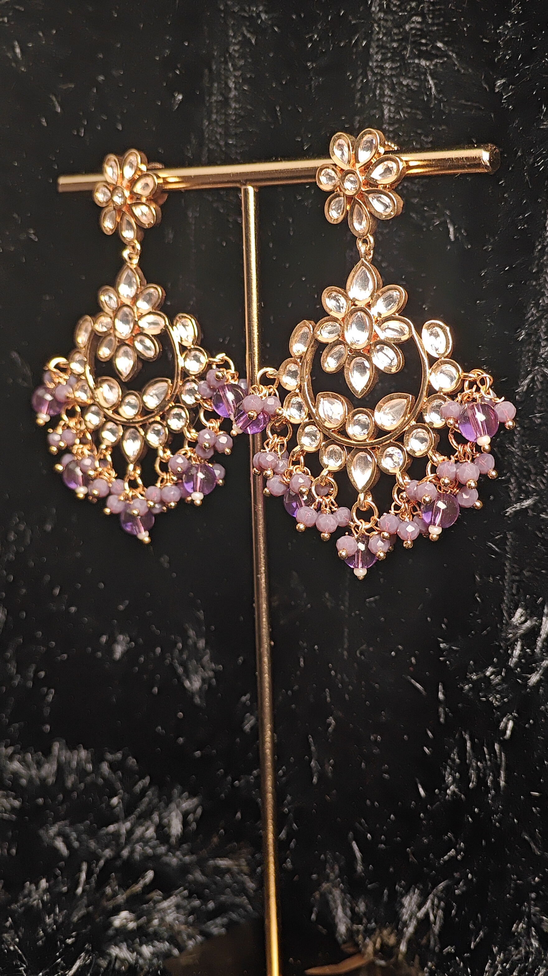 Floral Kundan Chandbali Earrings with Amethyst Beads