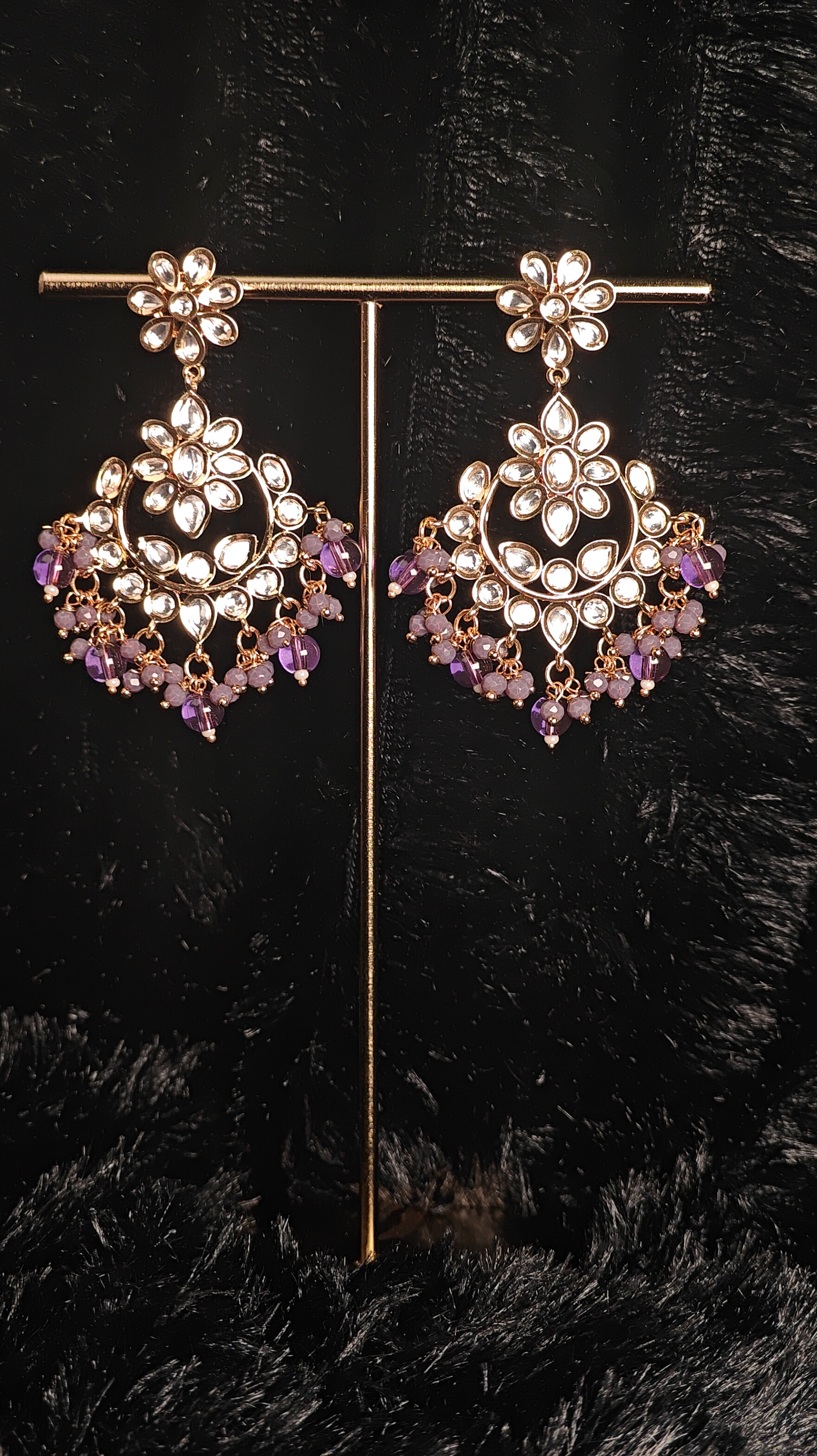 Floral Kundan Chandbali Earrings with Amethyst Beads