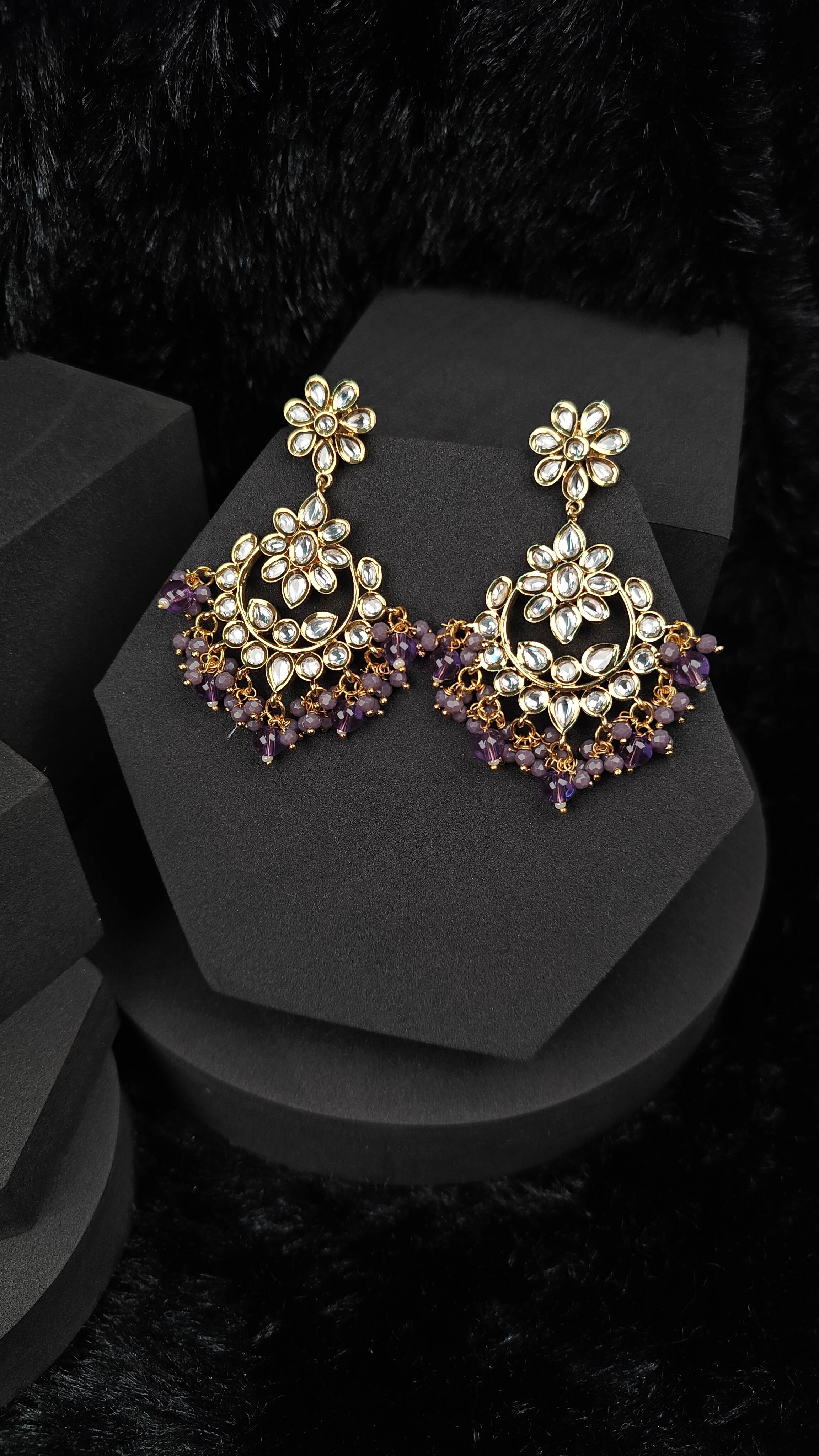 Floral Kundan Chandbali Earrings with Amethyst Beads