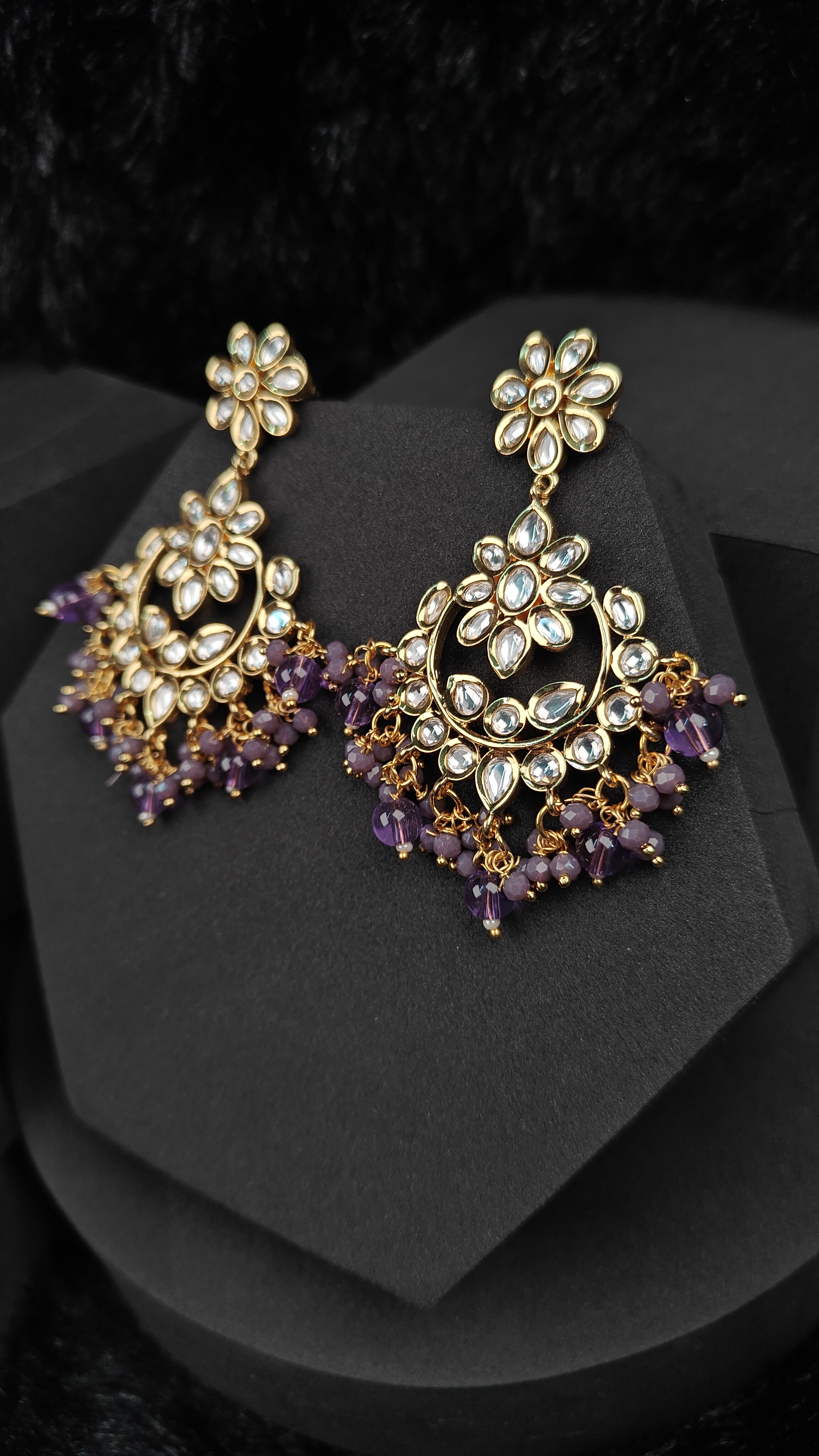 Floral Kundan Chandbali Earrings with Amethyst Beads