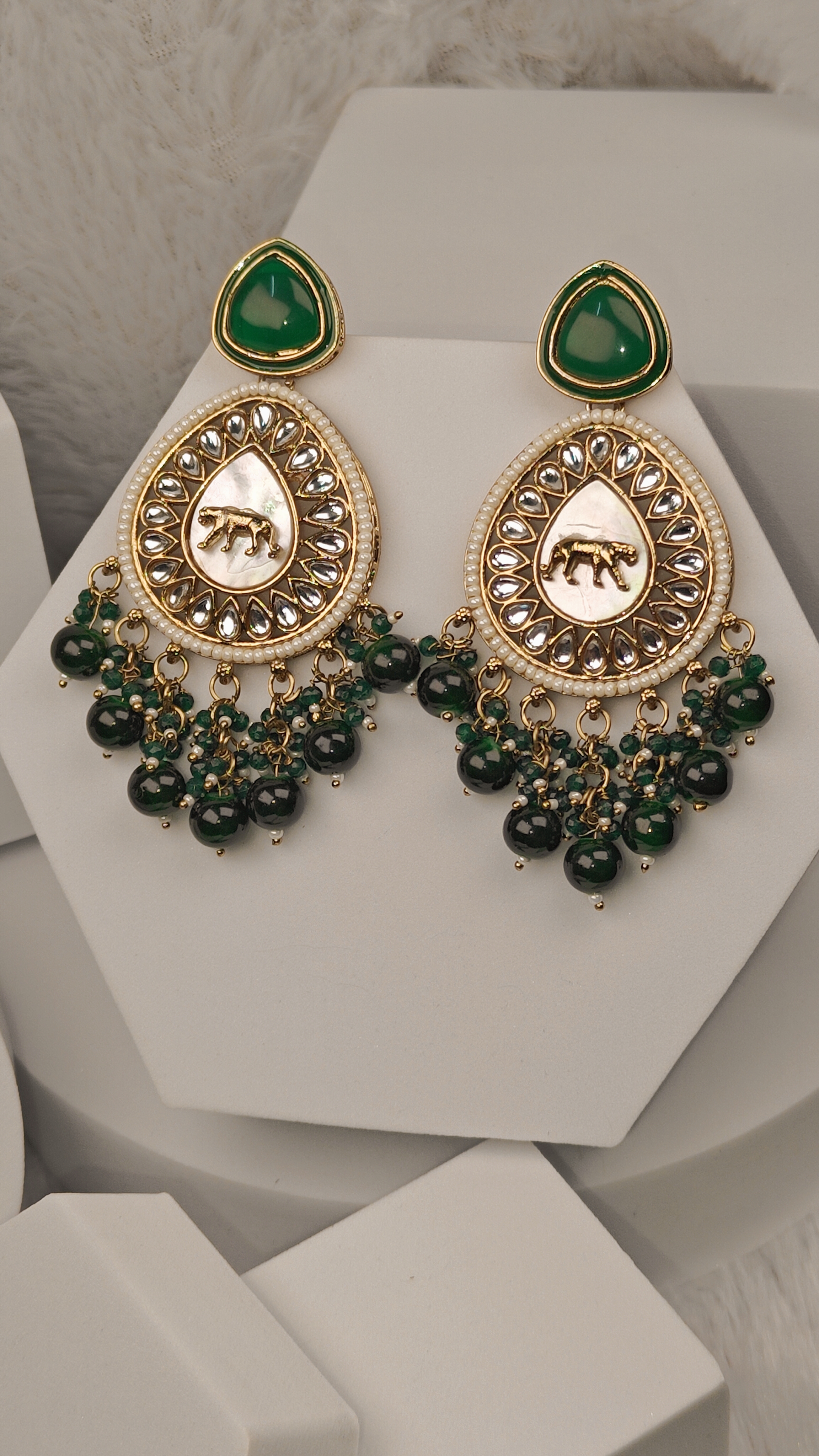 Regal Green Enamel Teardrop Earrings with Tiger Motif 