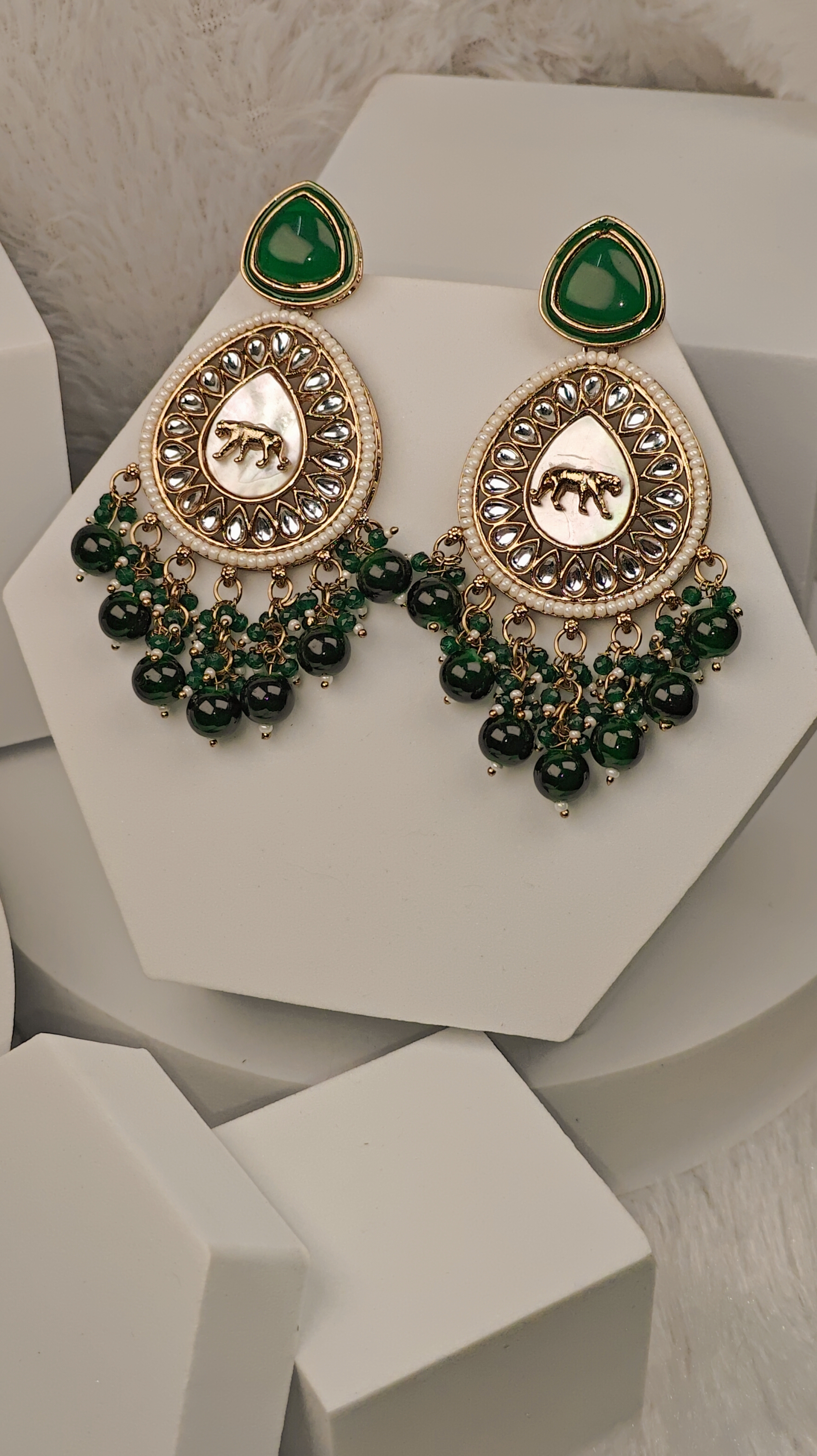 Regal Green Enamel Teardrop Earrings with Tiger Motif 