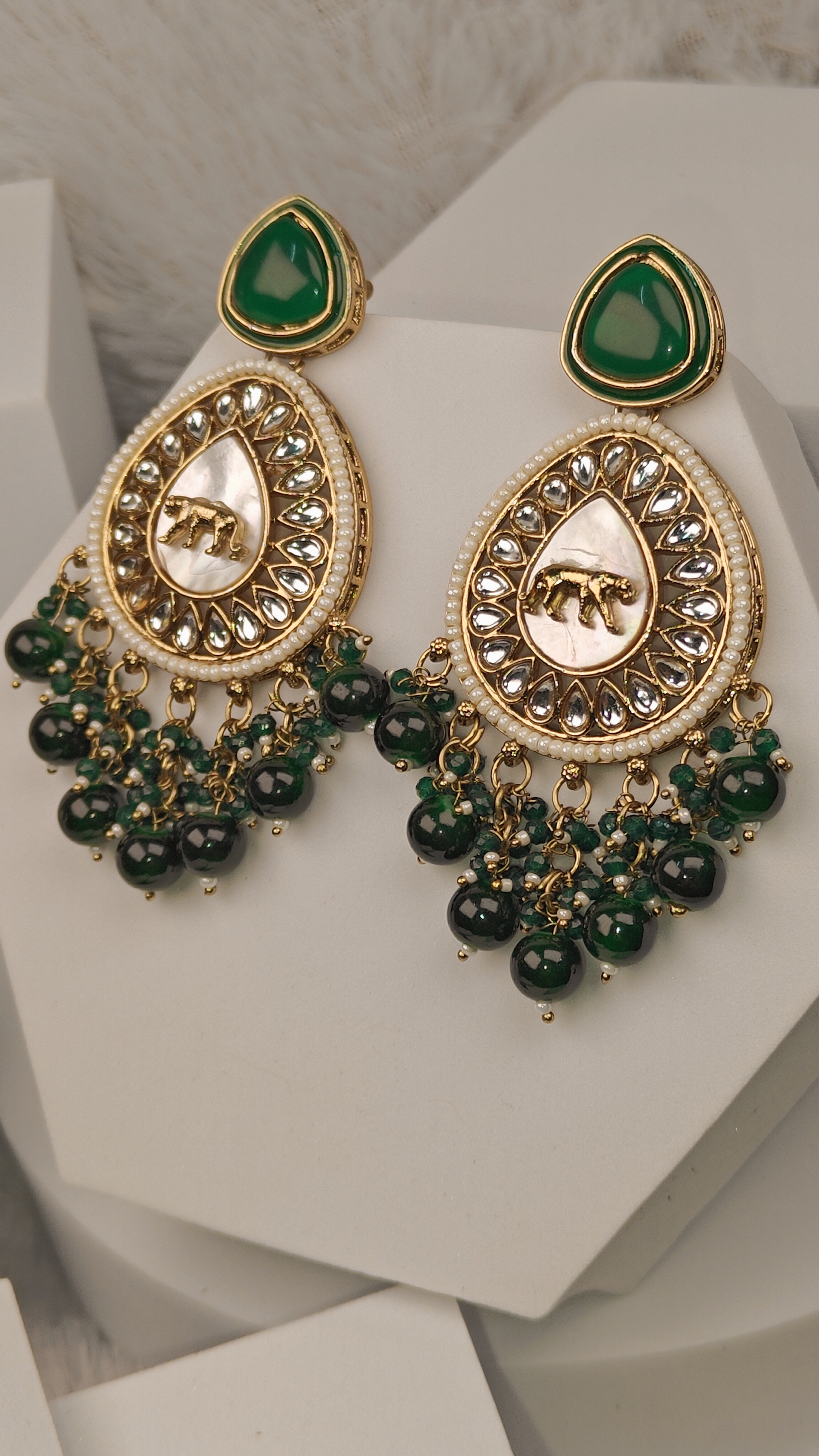 Regal Green Enamel Teardrop Earrings with Tiger Motif 