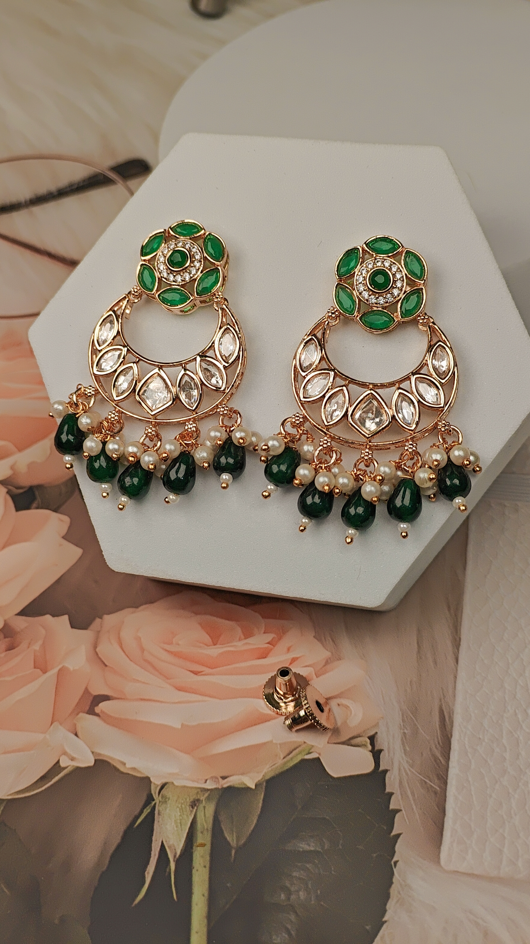 Emerald Green Meenakari Crescent Earrings with Pearl & Bead Detailing