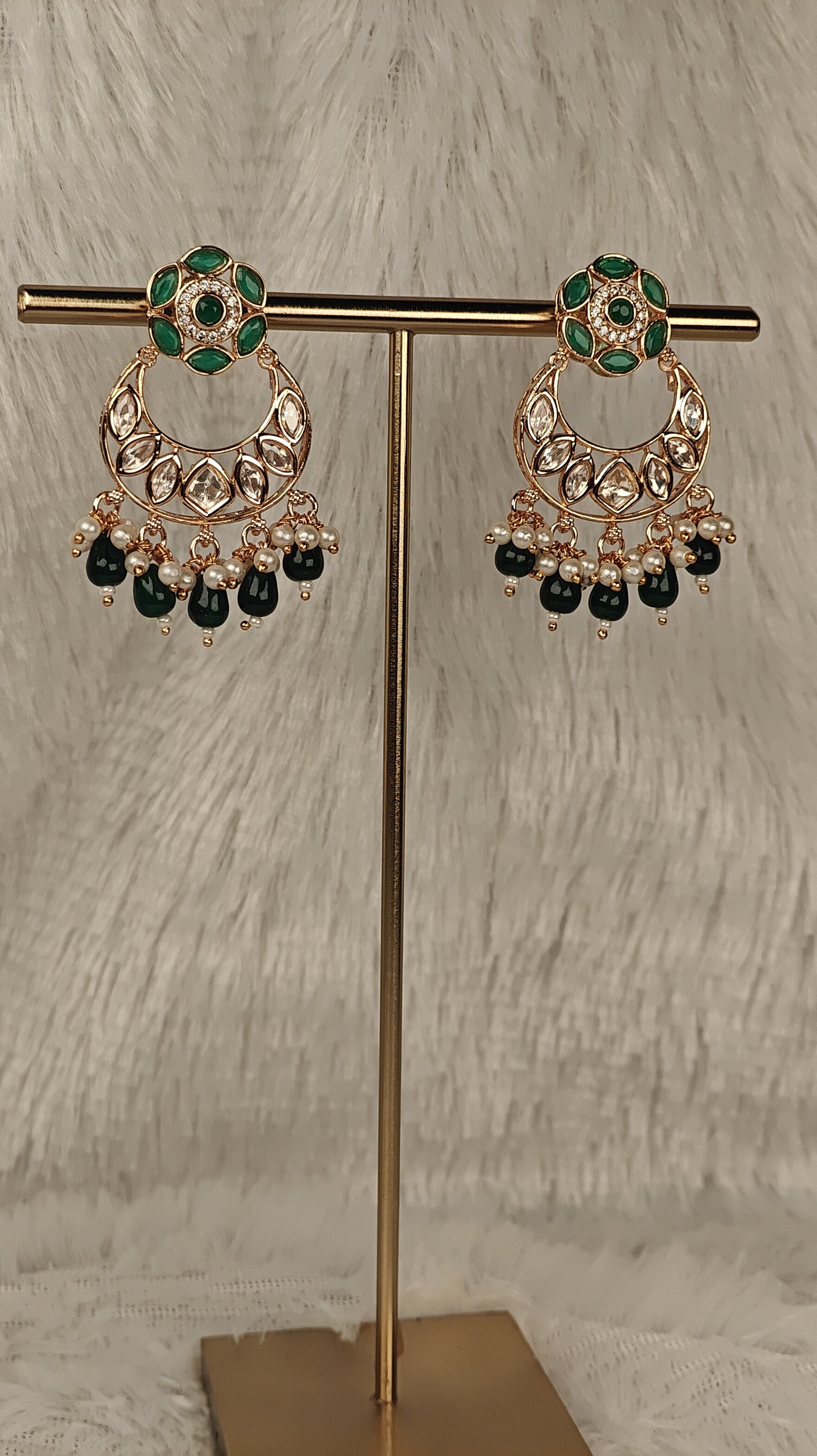 Emerald Green Meenakari Crescent Earrings with Pearl & Bead Detailing