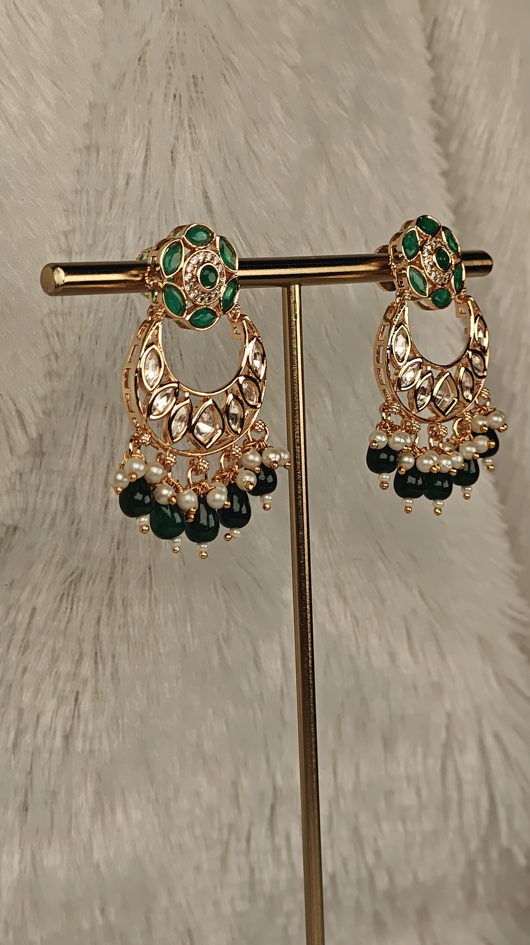 Emerald Green Meenakari Crescent Earrings with Pearl & Bead Detailing
