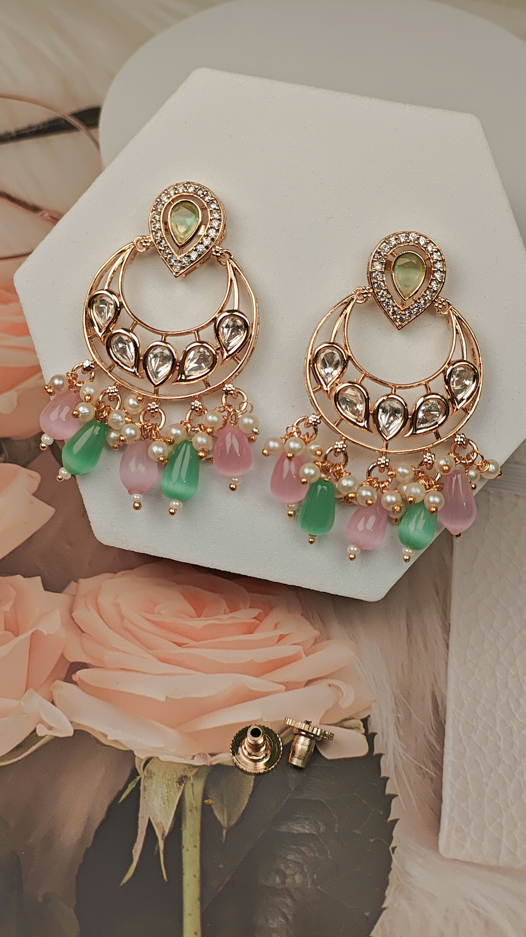 Pastel Drop Chandbali Earrings with Pearl Accents