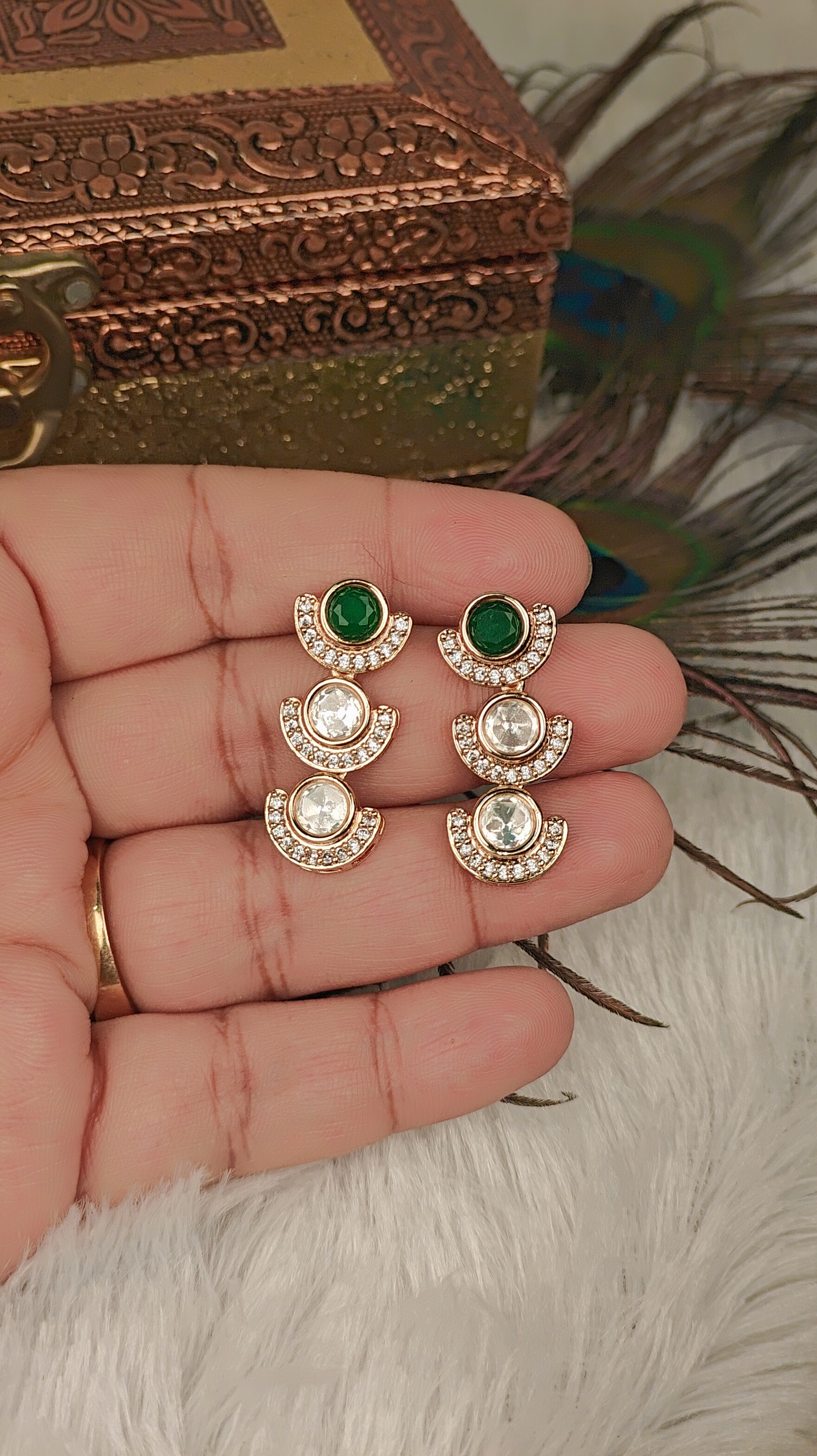 Modern Emerald & Zircon Studded Minimal Drop Earrings
