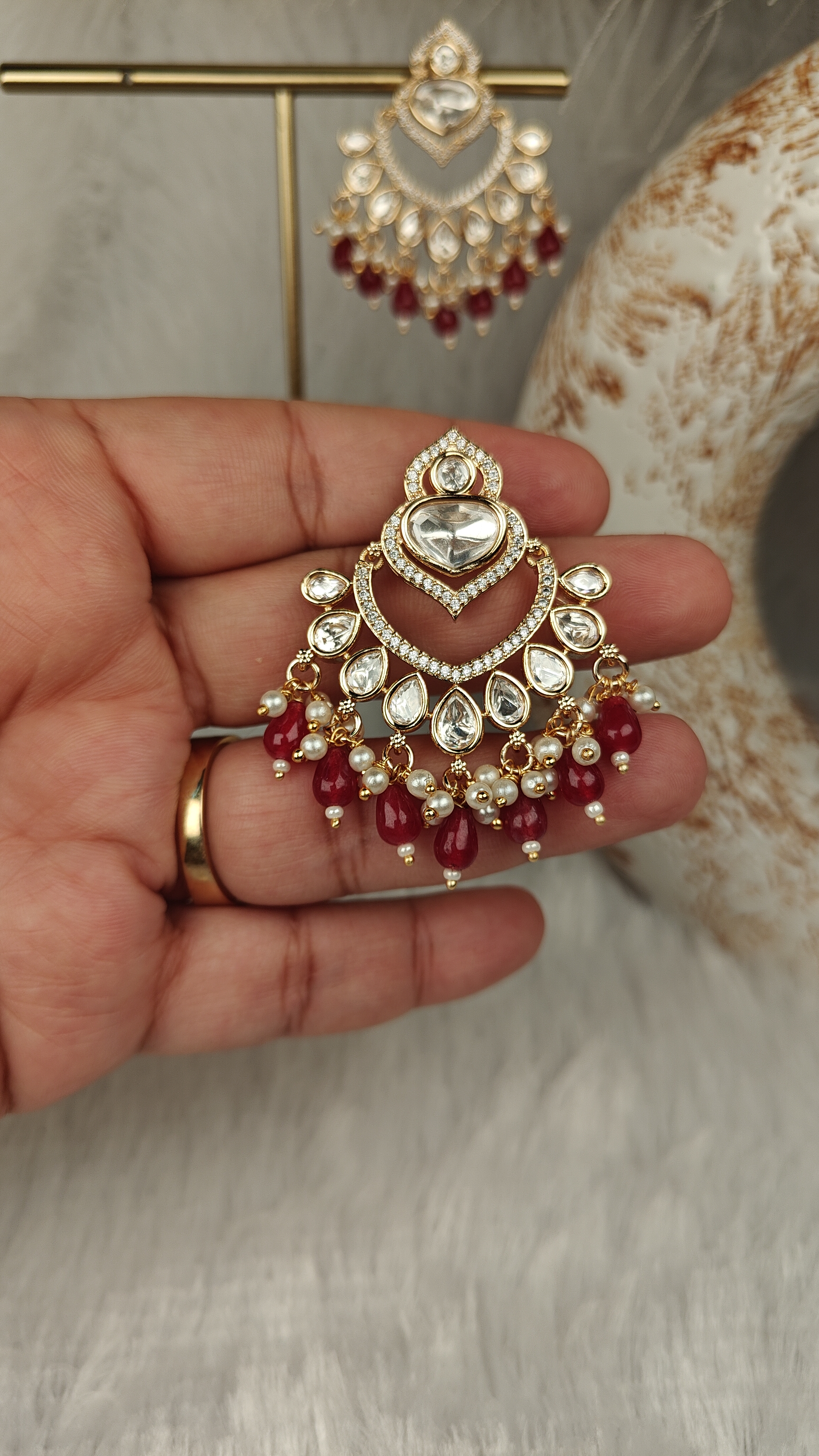 Royal Chandbali Earrings with Red Drops & Kundan Detailing