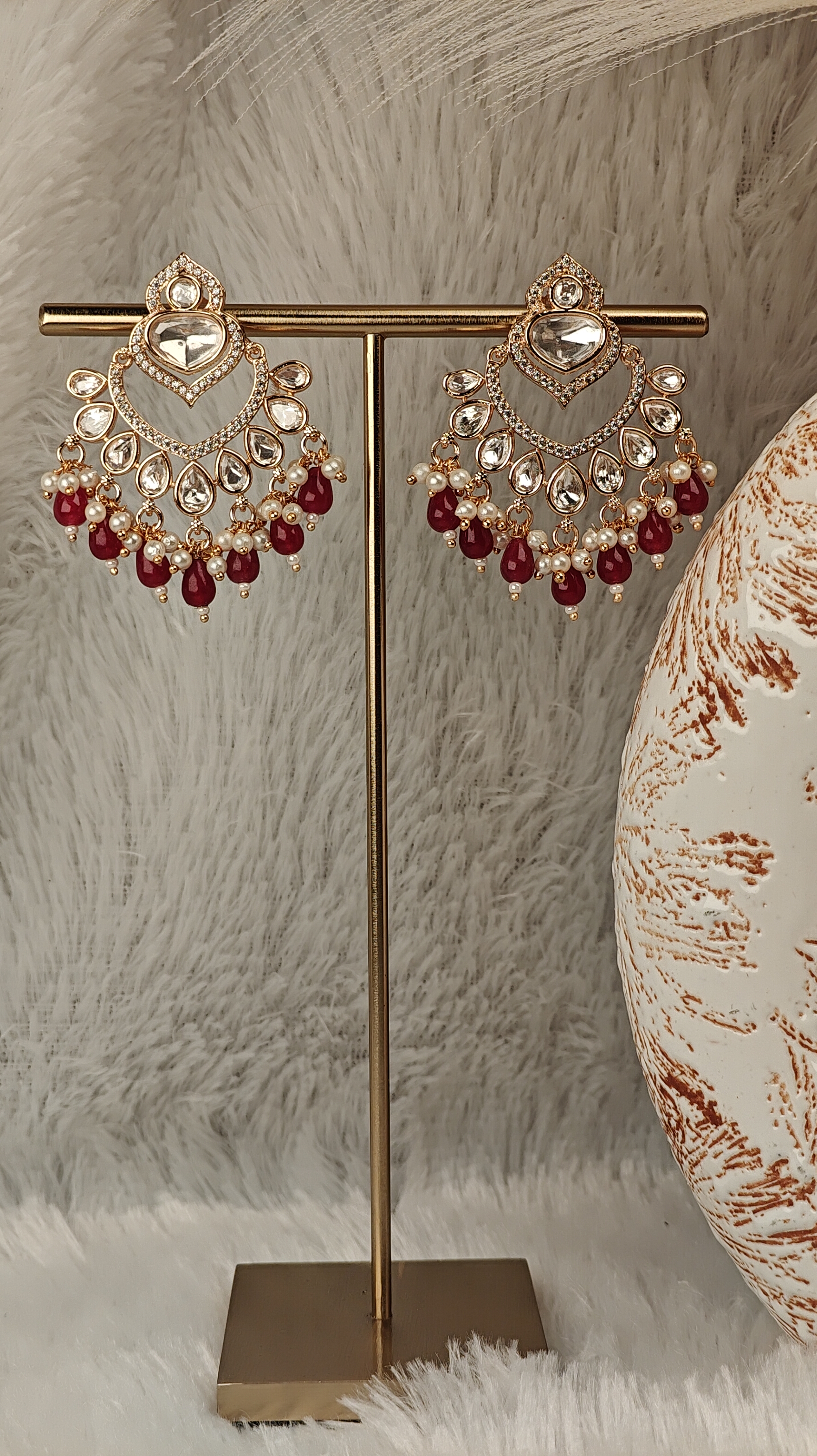 Royal Chandbali Earrings with Red Drops & Kundan Detailing