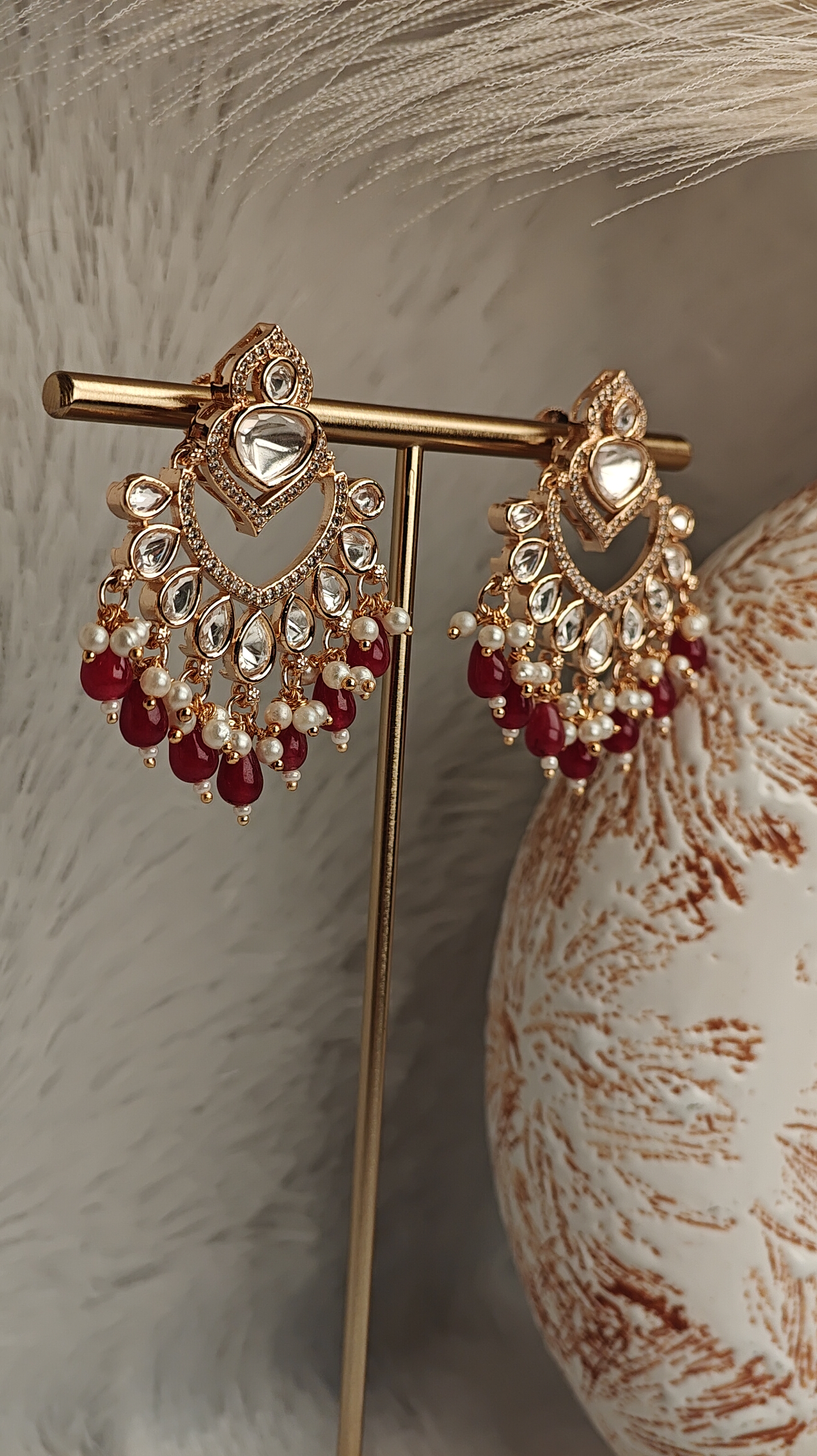 Royal Chandbali Earrings with Red Drops & Kundan Detailing