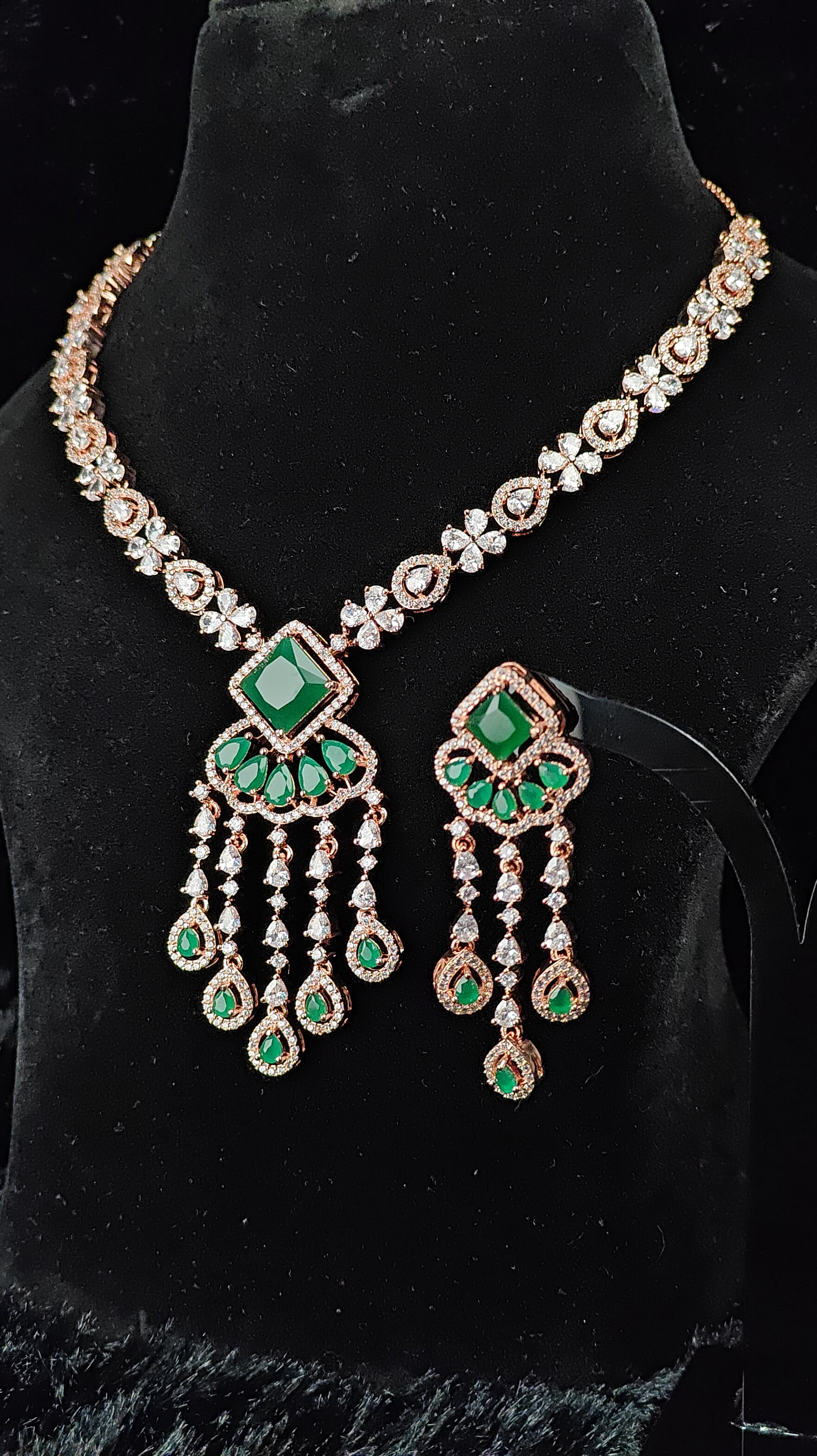 Emerald Green & CZ Rose Gold Necklace Set 