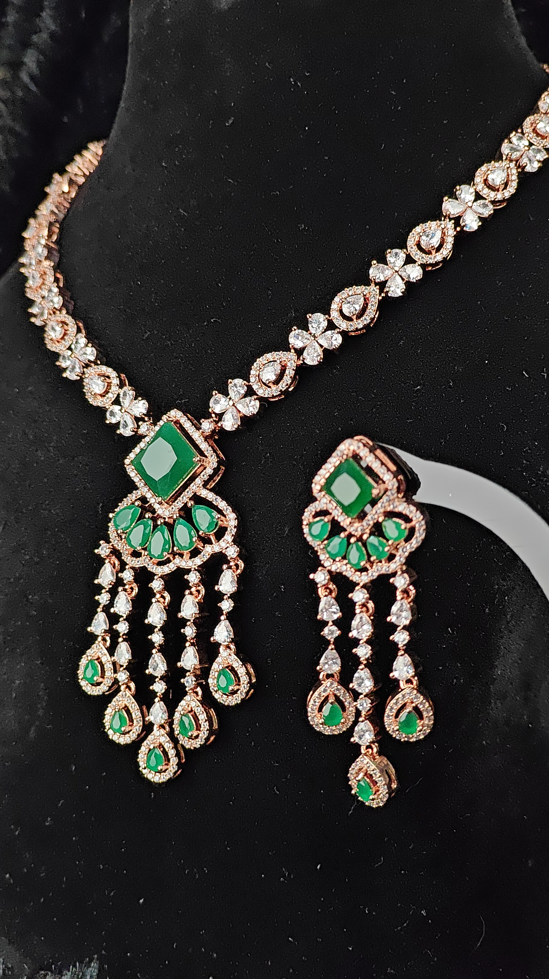 Emerald Green & CZ Rose Gold Necklace Set 