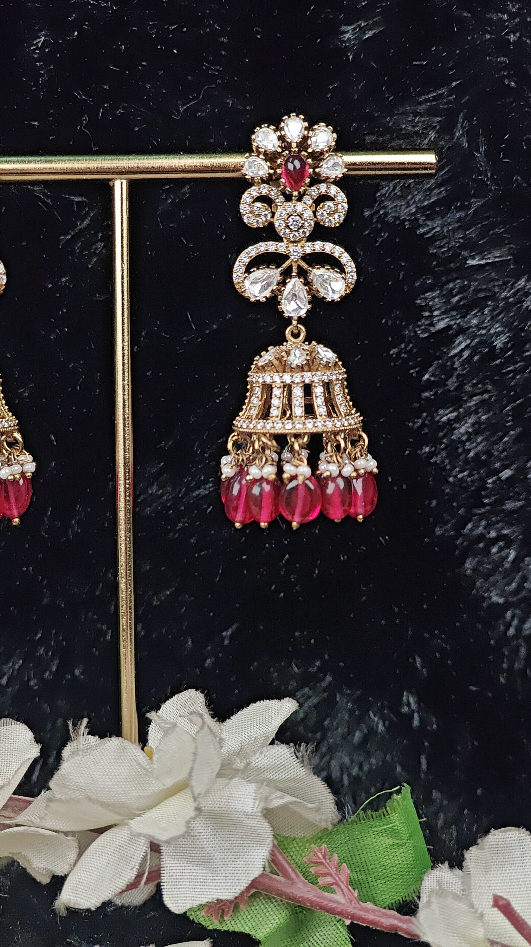 Ruby Red Stone Jhumka Earrings with Kundan & Pearl Detailing