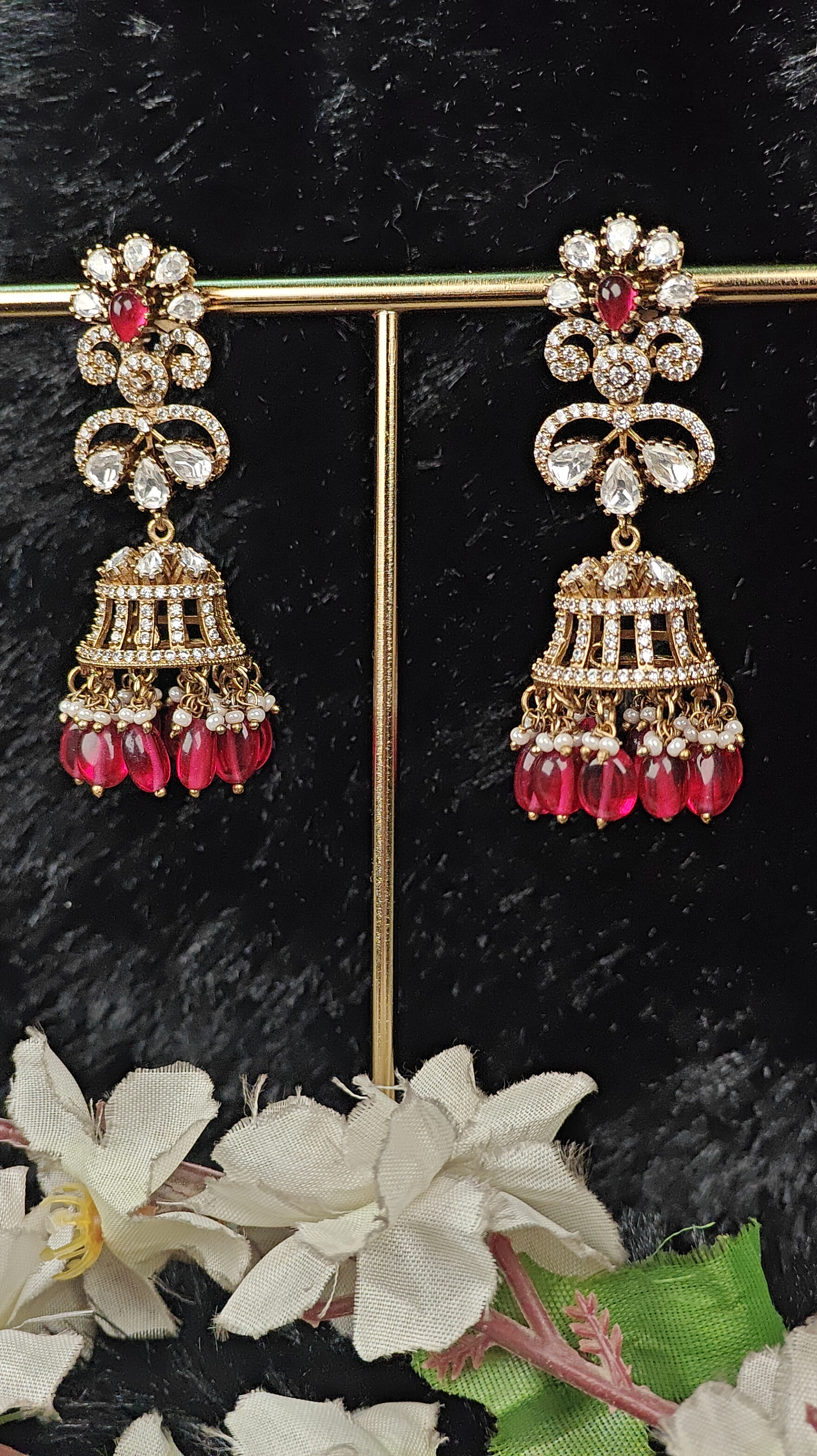 Ruby Red Stone Jhumka Earrings with Kundan & Pearl Detailing