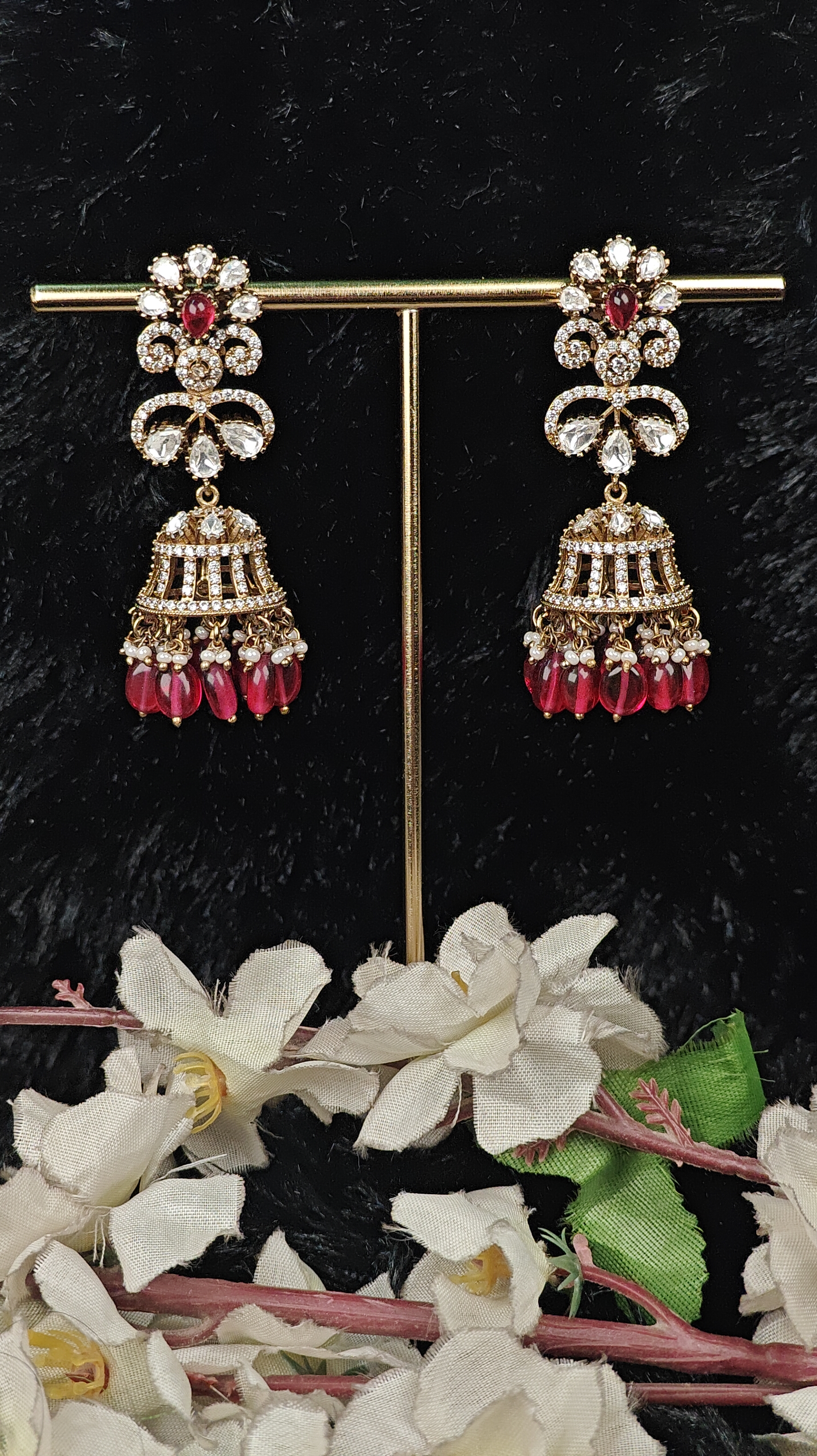 Ruby Red Stone Jhumka Earrings with Kundan & Pearl Detailing