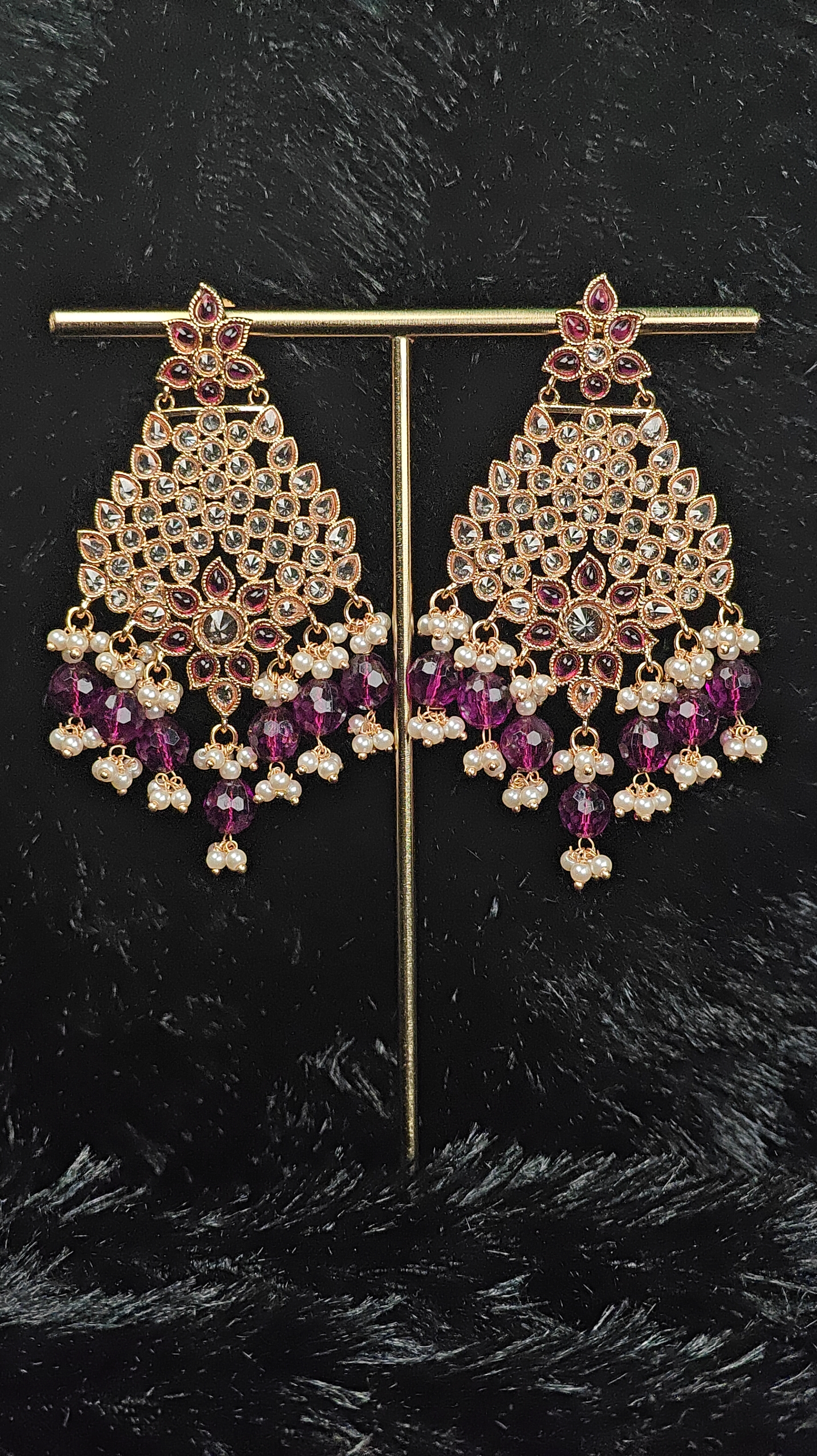 Kundan Chandbali Earrings with Rich Magenta Beads & Pearl Detailing