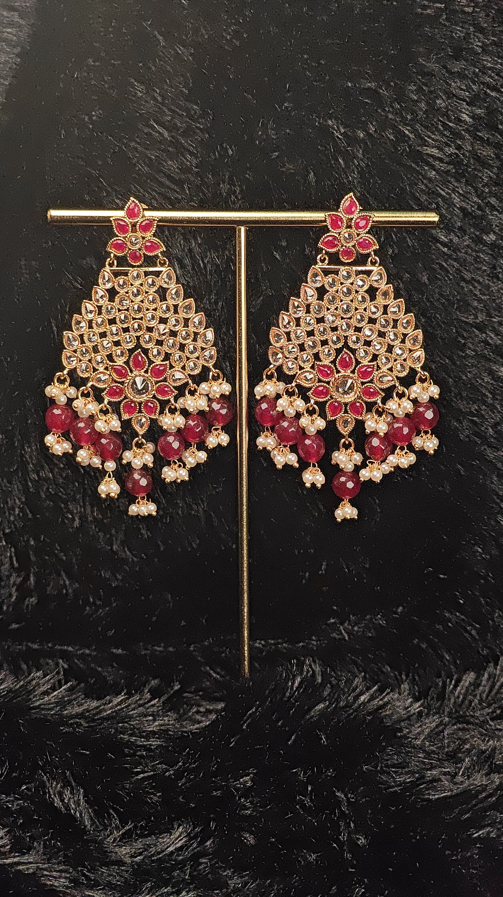 Royal Kundan Chandbali Earrings with Maroon Beads & Pearl Drops