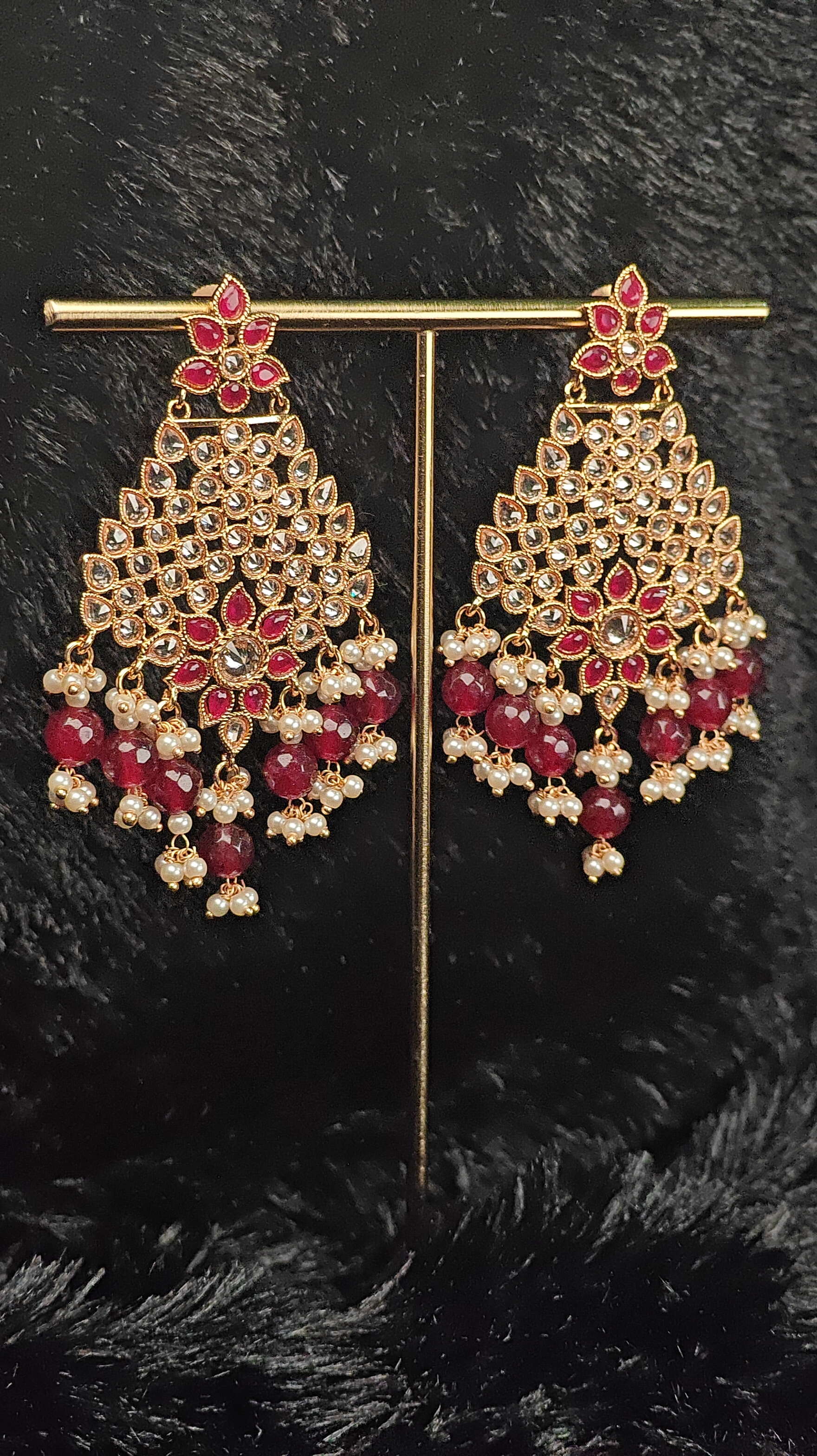 Royal Kundan Chandbali Earrings with Maroon Beads & Pearl Drops