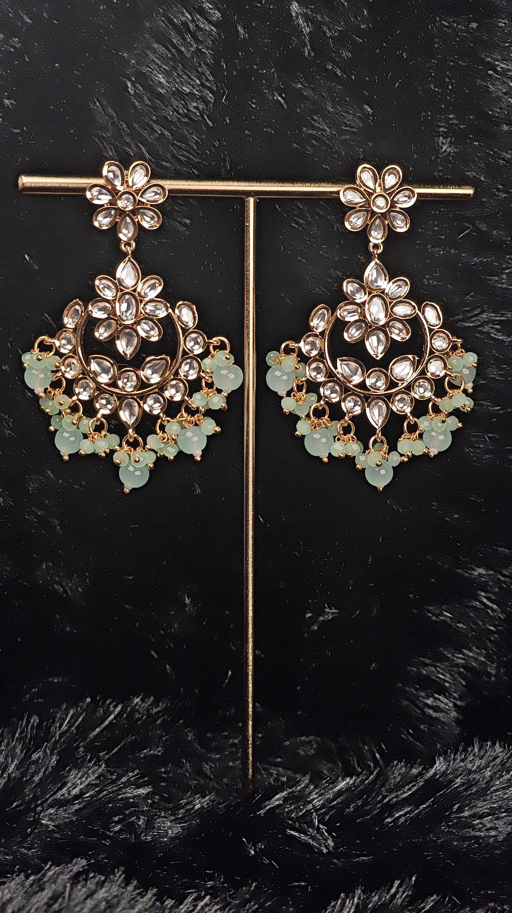 Mint Green Kundan Floral Chandbali Earrings